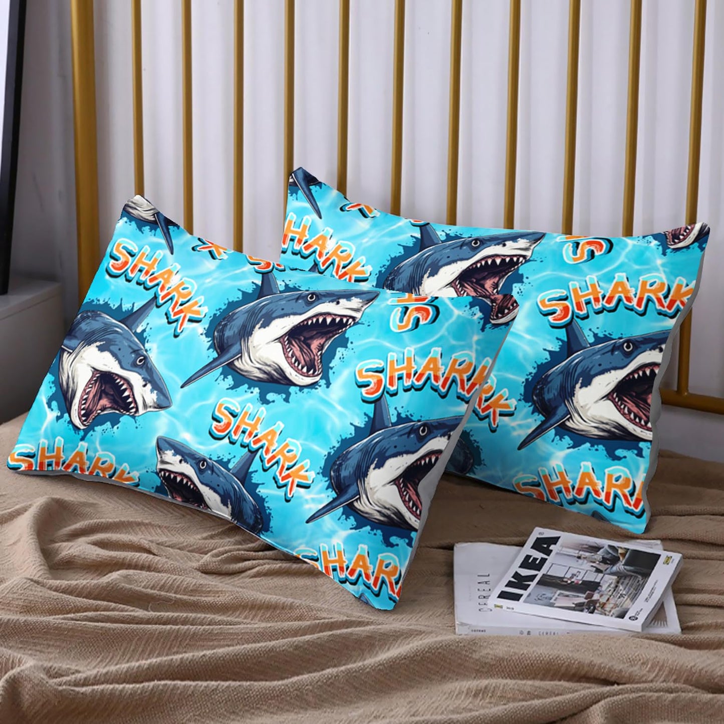 HOSIMA Shark Fitted Sheet Set Twin Size,3D Shark Pattern Ocean Theme Twin Bedding Set for Kids Boys,Sea Animal Collection Deep Pocket for Ocean Bedroom Decor,1 Fitted Sheet+2 Pillowcases.
