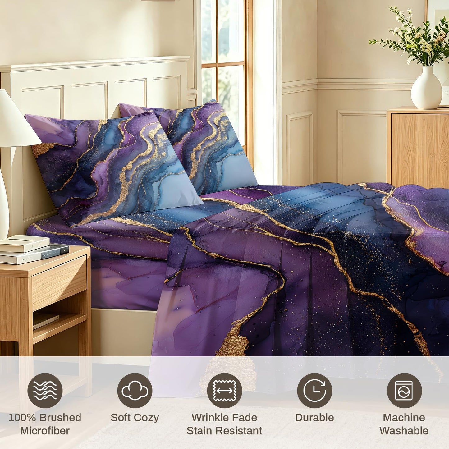 Purple Marble Full Sheet Set Abstract Flat Fitted Sheet Sets, Gold Purple