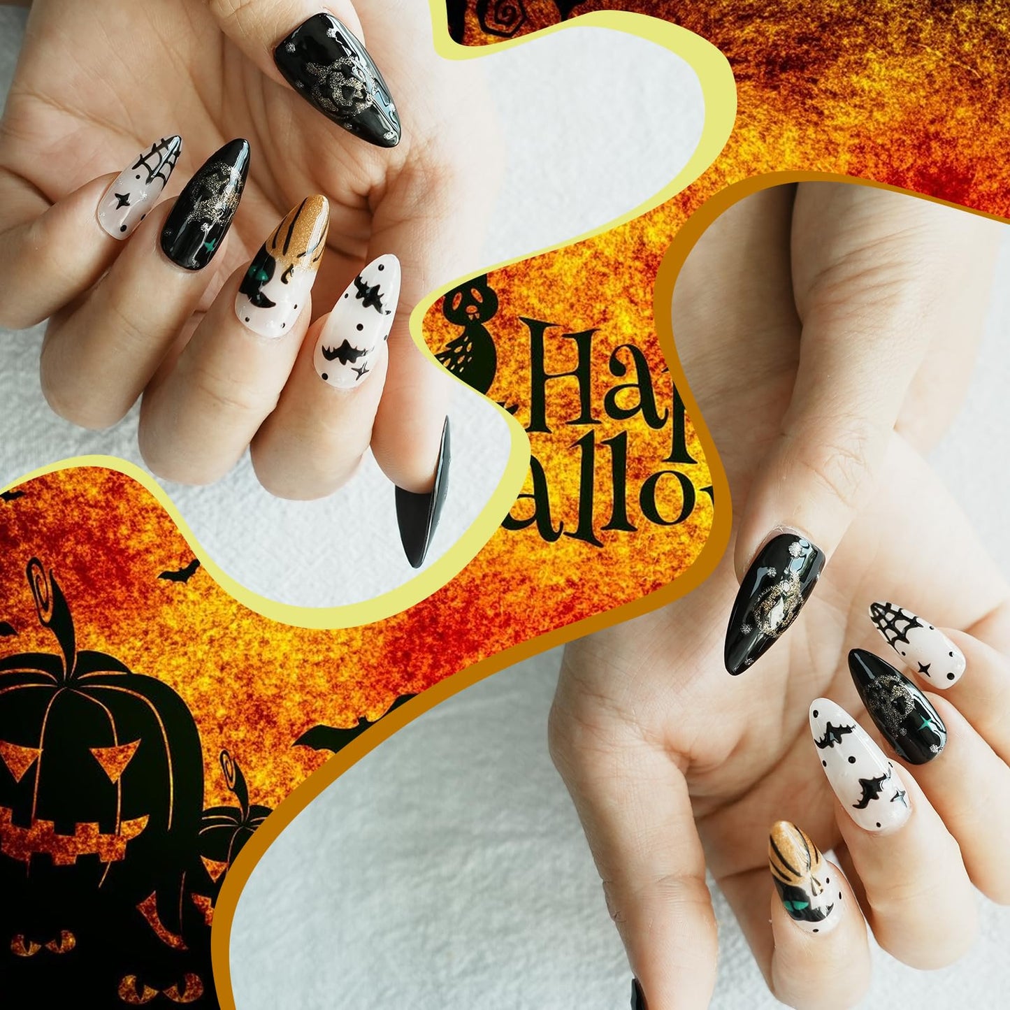 Tesytto 10pcs Handmade Press on Nails Almond - Halloween 3D Bat & Pumpkin Designs, Black White Cobweb Reusable Acrylic Nails for Women (Spooky Vibes,M)