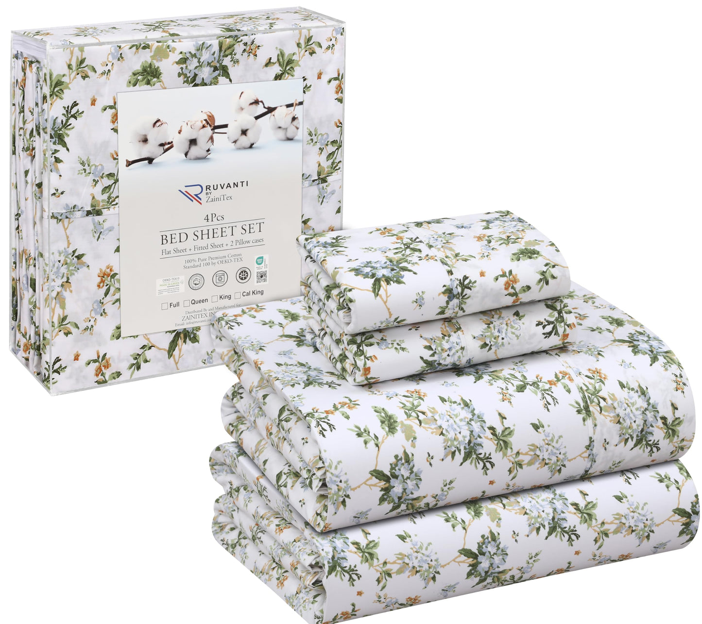 RUVANTI 100% Cotton Percale Sheets Full Size, Heritage