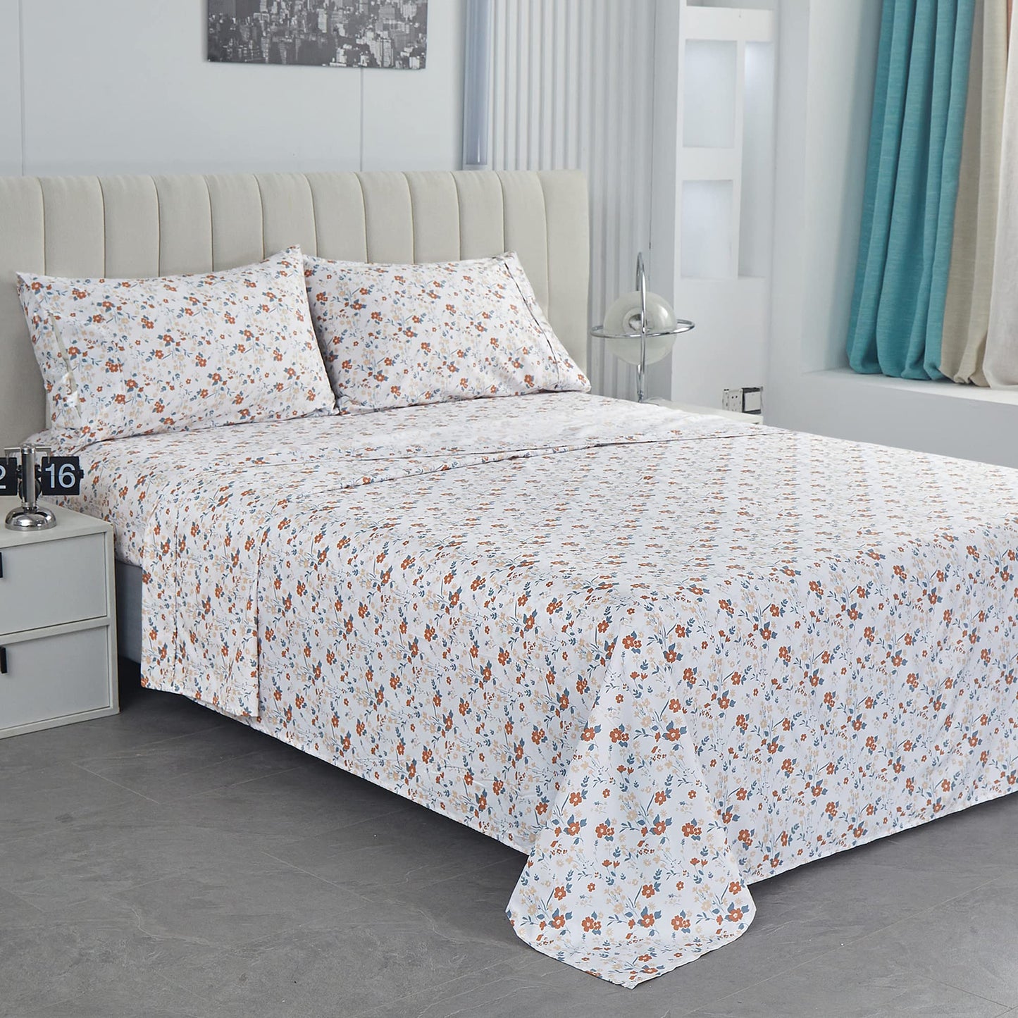 Softan Floral Twin Size Sheet Set, Orange Flower Printed Bed Sheets for Girls, 3-Piece Microfiber Single Fitted Sheet with 15" Deep Pocket & Non-Slip Straps, Patterned Bedding Sheets & Pillowcase Set