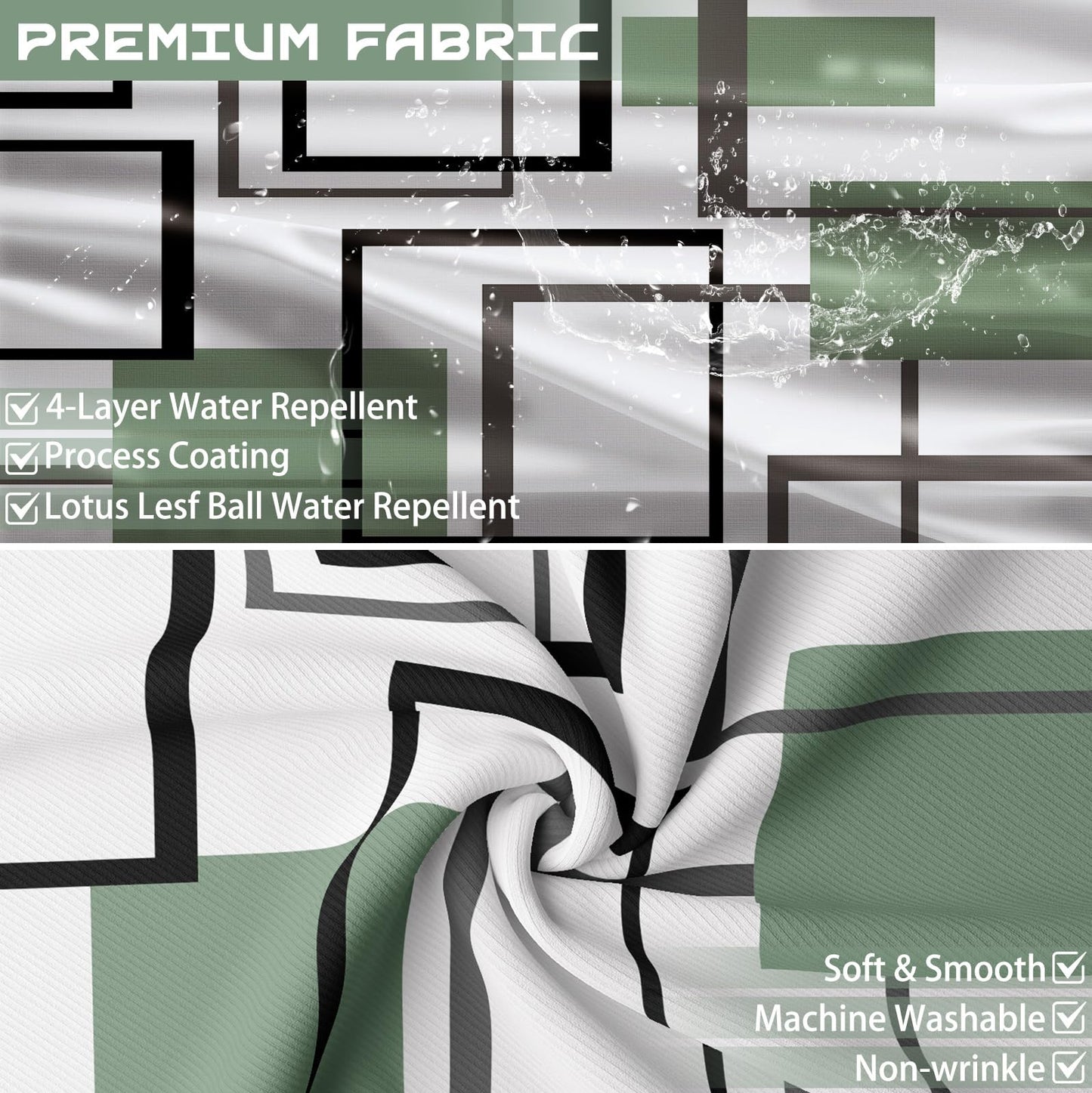 Yieldeer Geometric Shower Curtain, Green and White, 70 x 72 in