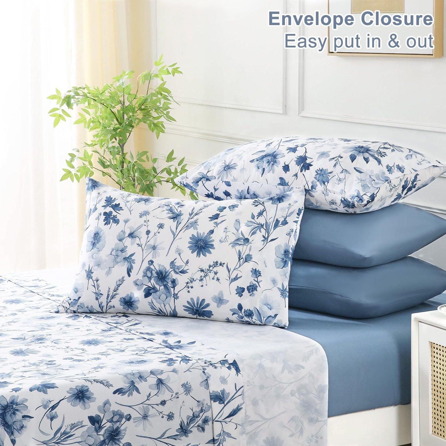 Botanical 6-Piece Queen Bed Sheets Set, Boho Floral Print Brushed Microfiber Sheets, Cooling Bed Sheet Set, Ultra Soft & Breathable, 16' Deep Pocket Fitted Sheet & Pillowcase Set, Grey Blue Floral