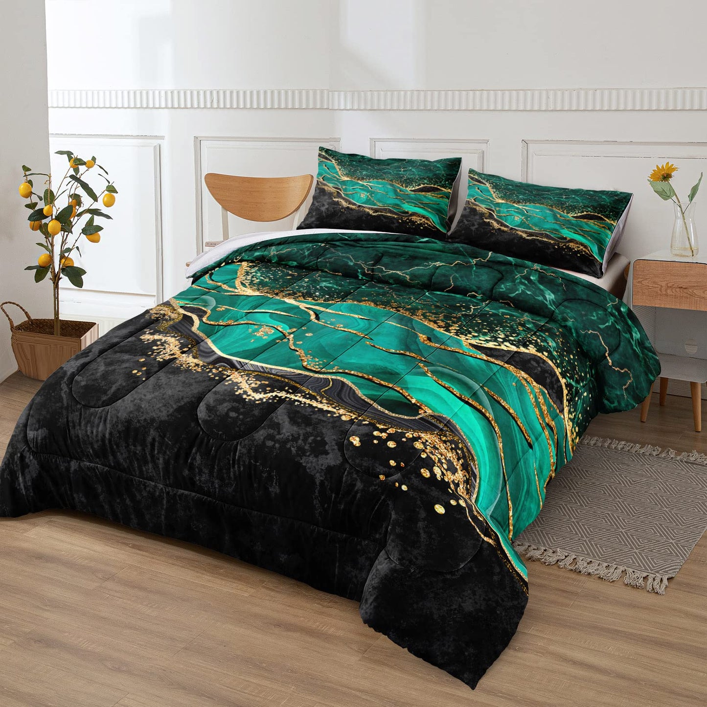Queen Comforter Set Emerald Green, Marble Bedding Comforter Set, Metallic Foil Print Black Gold Bedding Dark Green Abstract Modern Comforter Set