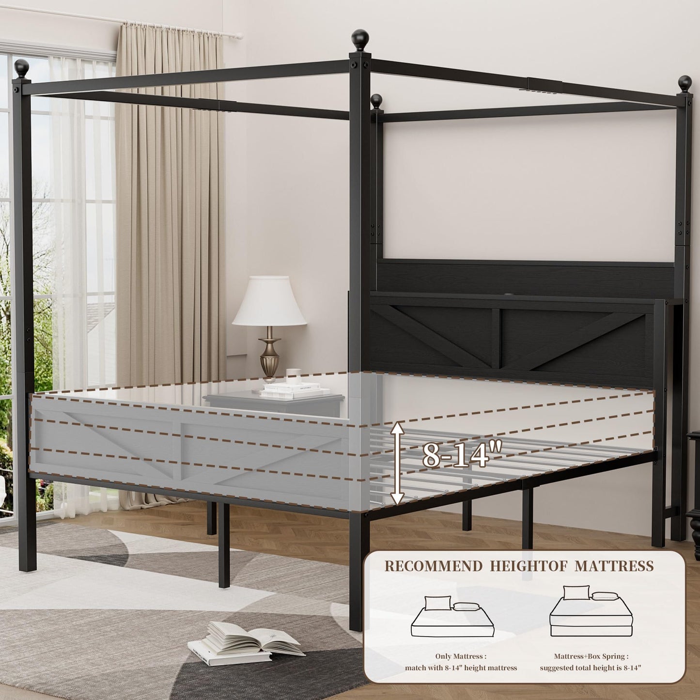 Tsovihe Full Size Canopy Bed Frame with Barn Door Storage Headboard, Metal Slats Support LED Light & Charging Station/No Box Spring Needed/Easy Assembly/Curtain Not Included/Black