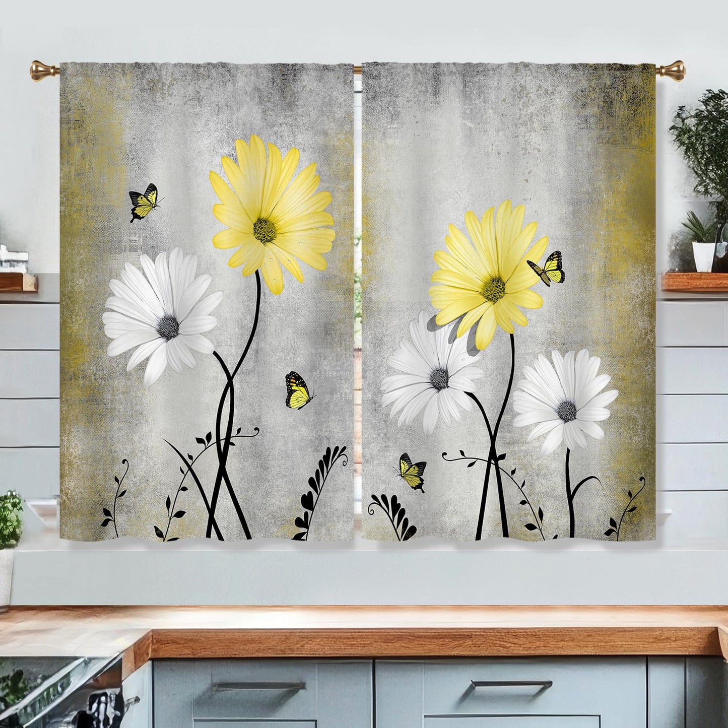 Cizuug Yellow Daisy Rustic Farmhouse Kitchen Curtains Watercolor Floral Flower Small Short Cafe Window Curtains Butterfly Country Bathroom Drapes Treatment Tier Curtains 2 Panels