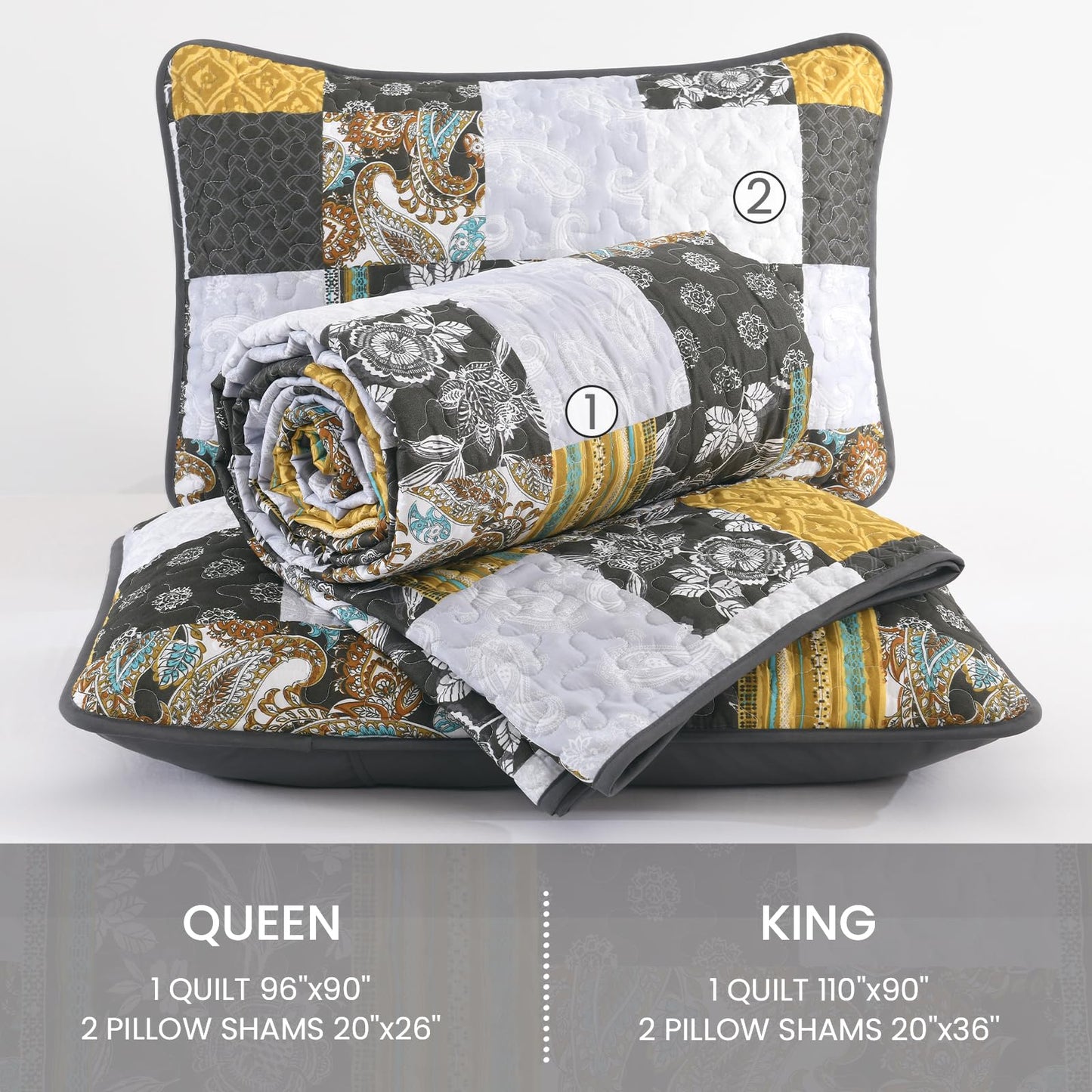 Patchwork Quilt Set King Grey Boho Bedsperad Classic Coverlet Set, 3 Pieces Bohemian Quilts Grey Yellow Bedding Set, Soft Microfiber Reversible Plaid Patchwork Bedspread for All Seaon (110''x90'')