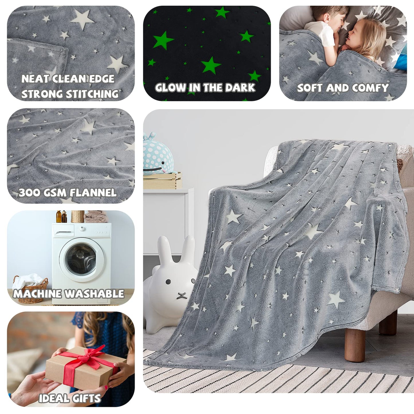 REXEO Glow in The Dark Star Space Blanket for Kids, Grey Cute Galaxy Throw for Boys Girls, Soft Flannel Toddler Blanket, Bedroom Room Decor, Birthday Gifts, 50" x 60"