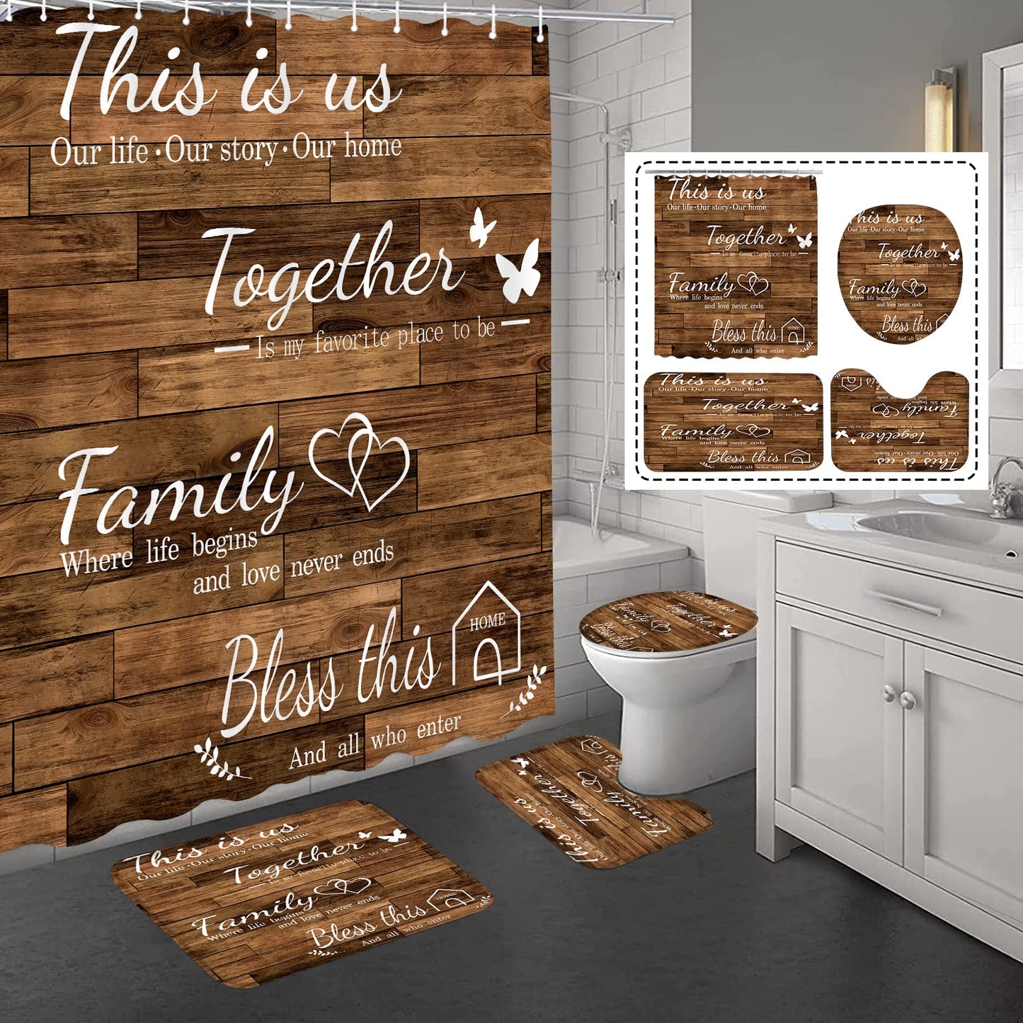 juwute 4Pcs Family Shower Curtain Sets with Non-Slip Rugs, Toilet Lid Cover and Bath Mat, Brown Home Bathroom Decor Set Accessories Waterproof Shower Curtains with 12 Hooks, 72 x 72 Inch