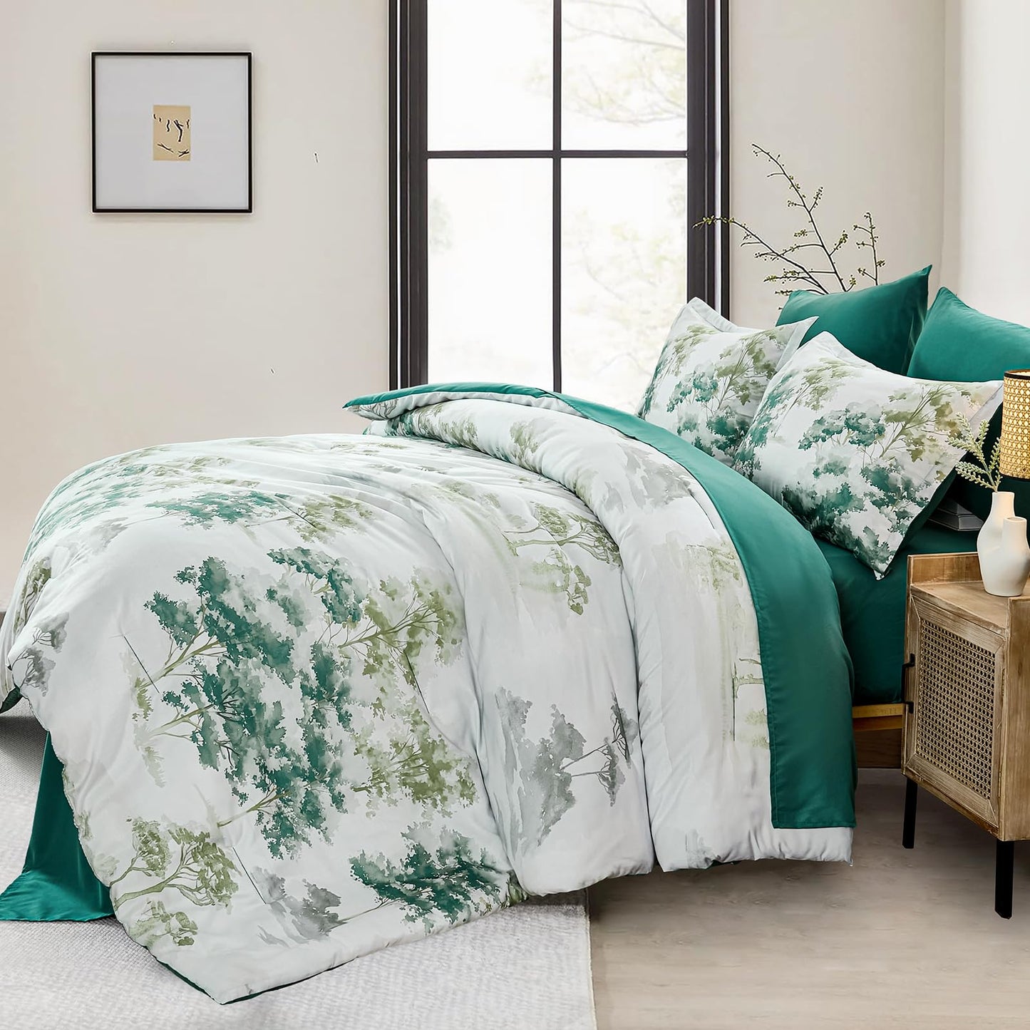 Dinjoy Queen Comforter Set, 7 Piece Comforter Set Queen, White Queen Size Bed Sets, Queen Sheet Set with Comforter, Flower Bedding Sets with Comforter, Fitted & Flat Sheets, Pillowcases & Pillow Shams