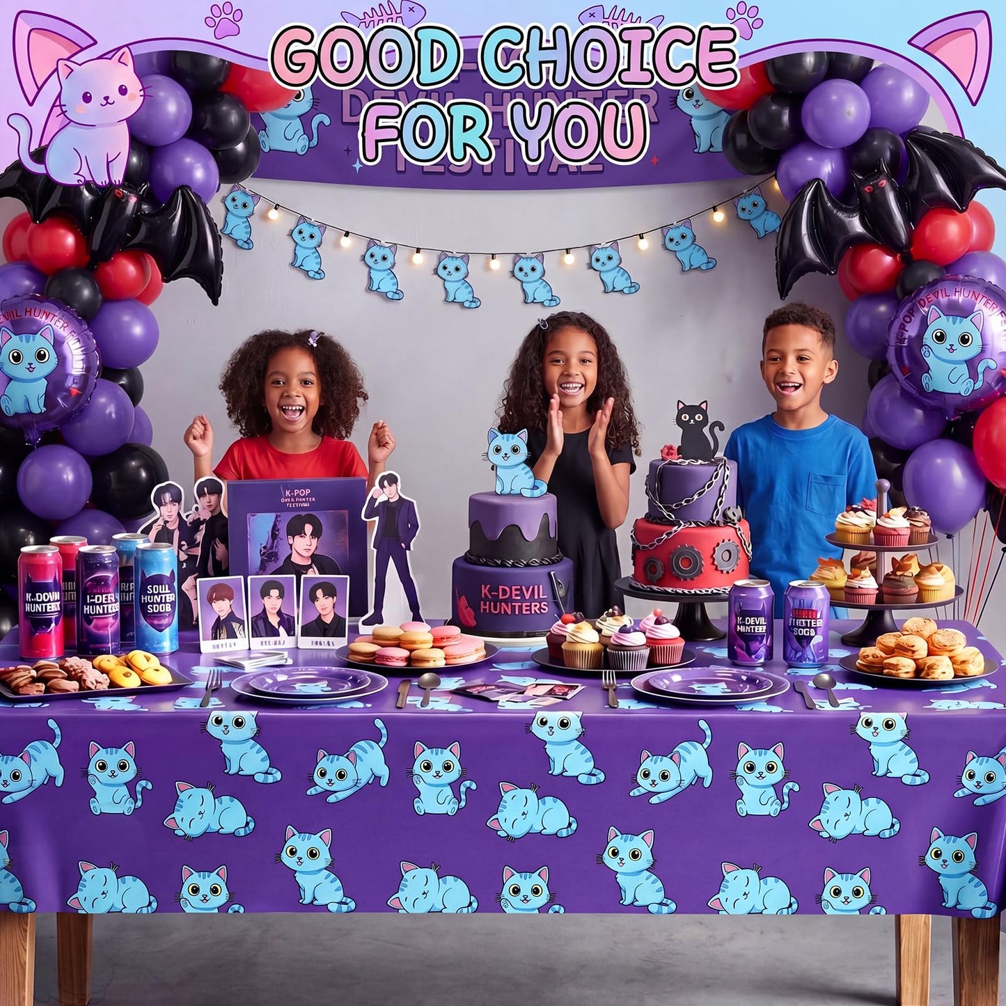 Breling 2 Pcs Blue Cat Kpop Birthday Decoration Tablecloths 54 x 108in Blue Cat Plastic Table Cover Disposable Kpop Theme Tablecloth Party Table Cover Korean Idol Movie Decor for Bachelorette Birthday