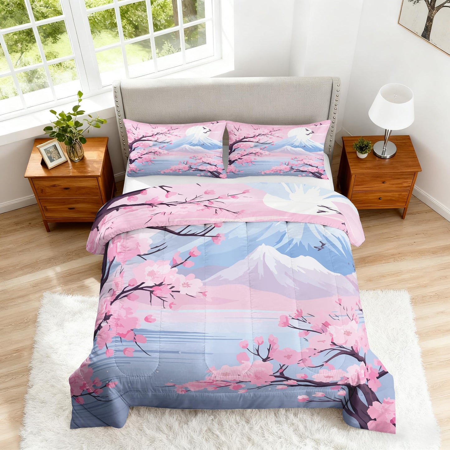 ZDABAOEC Cherry Blossom Twin Comforter Set 2 Piece, 1 Pillow Sham, Oriental Asian Japanese Reversible Down Alternative All Season Bedding, Soft Microfiber, Cherry Blossom Bedroom Decor