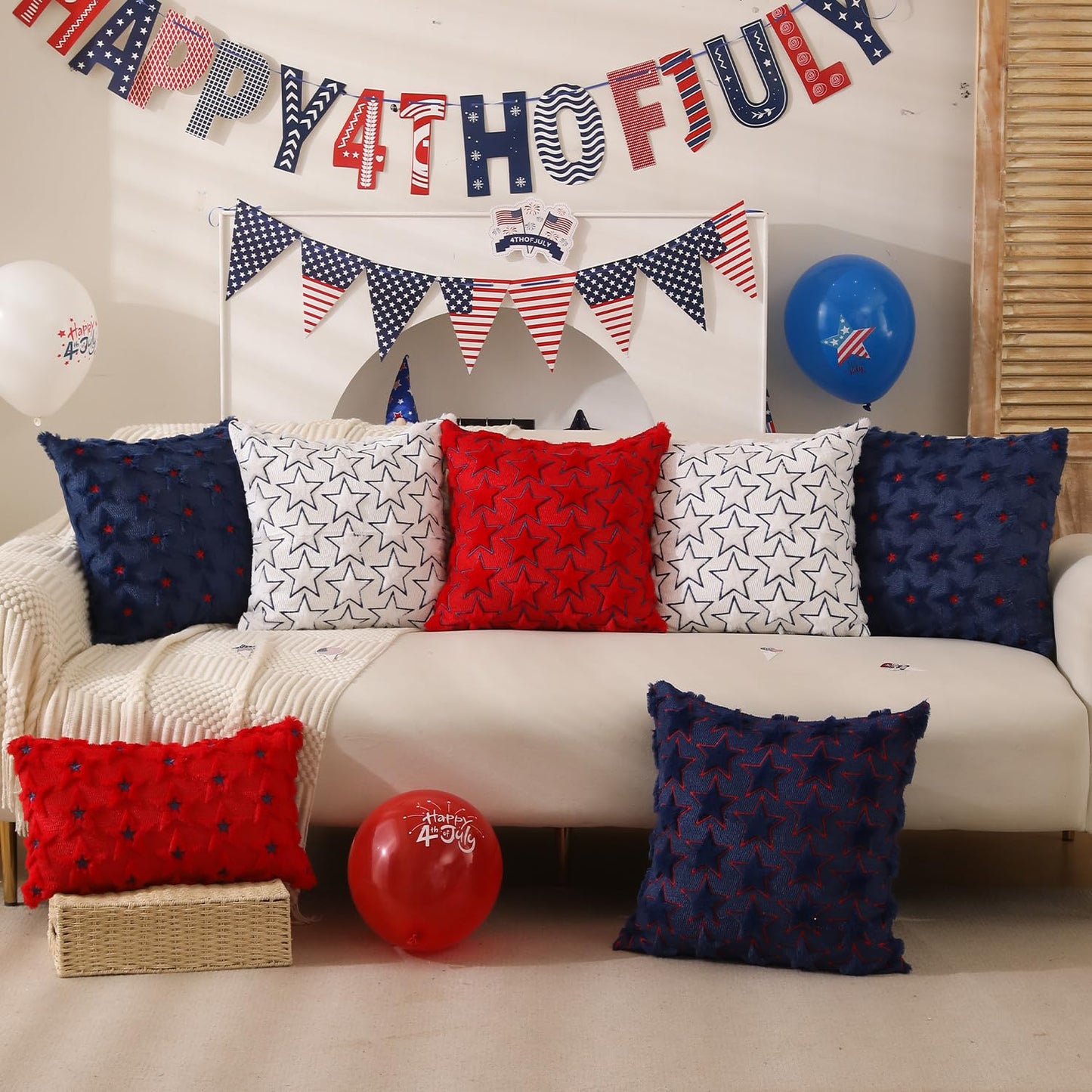 DFXSZ 4th of July Pillow Covers 18x18 inch Set of 2 4th of July Decor Red Embroidery Star Decoration Soft Plush Faux Fur Jacquard Throw Pillows Independence Day Decorations for Home Sofa PTK027A18