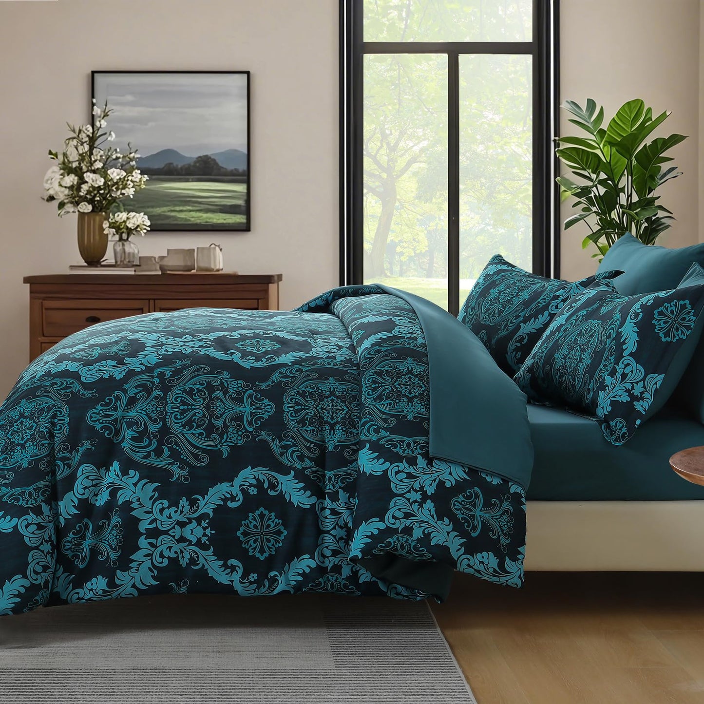 WONGS BEDDING 7 Piece Queen Comforter Set, Teal Texture Breathable Microfiber Comforter Bedding Set for All Season, Damask Bed in a Bag with Comforter, Flat Sheet, Fitted Sheet, Pillowcases & Shams