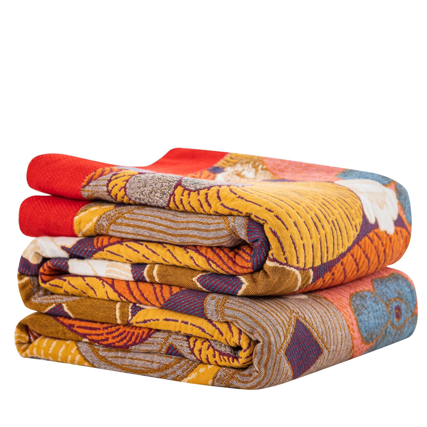 Purefair 100% Muslin Cotton Throw Blanket for Bed Couch Chair, Floral Persimmon Printed Colorful Retro Quilt Ultra Soft Reversible Gauze Blanket for All Season, 60"x80"