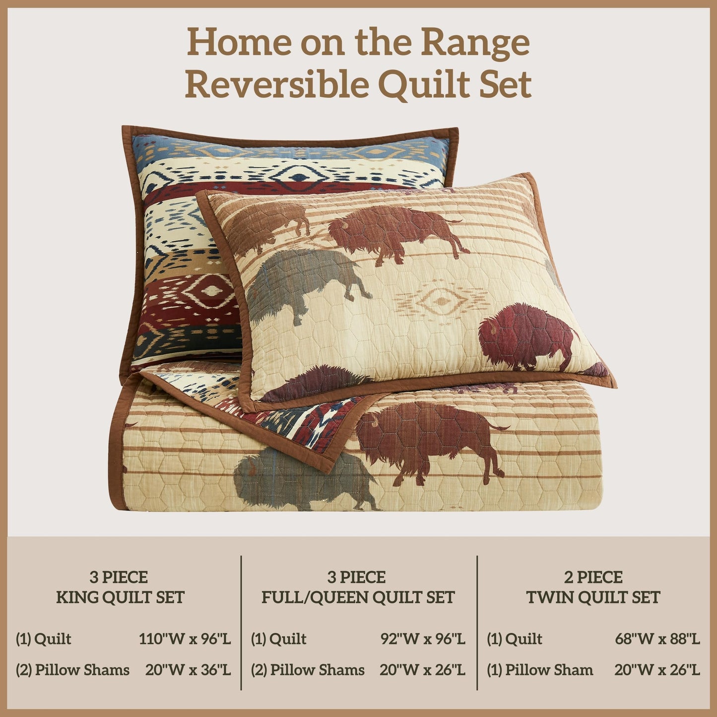 Paseo Road Home on the Range Queen Cotton Quilt Set, 3 Piece Western Bedding Set with Pillow Shams, Buffalo Aztec Reversible Quilt, Soft Rustic Lightweight Quilt, Southwestern Bedding