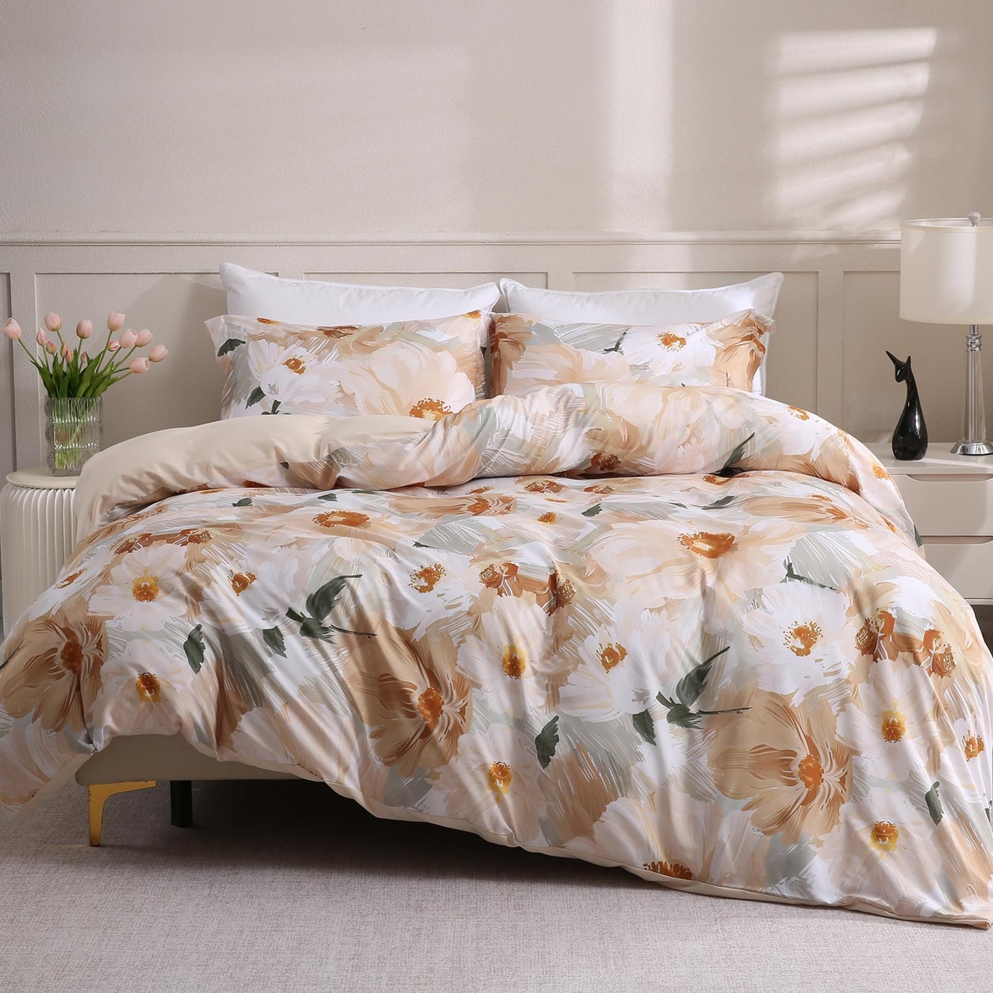 LONAVA Queen Flower 3 Pcs Duvet Cover Set, Breathable Soft Microfiber Biege Lining Comforter Cover with Zipper Closure, and 2 Anti-Pilling, Fade Resistant Pillowcases, Golden Flower