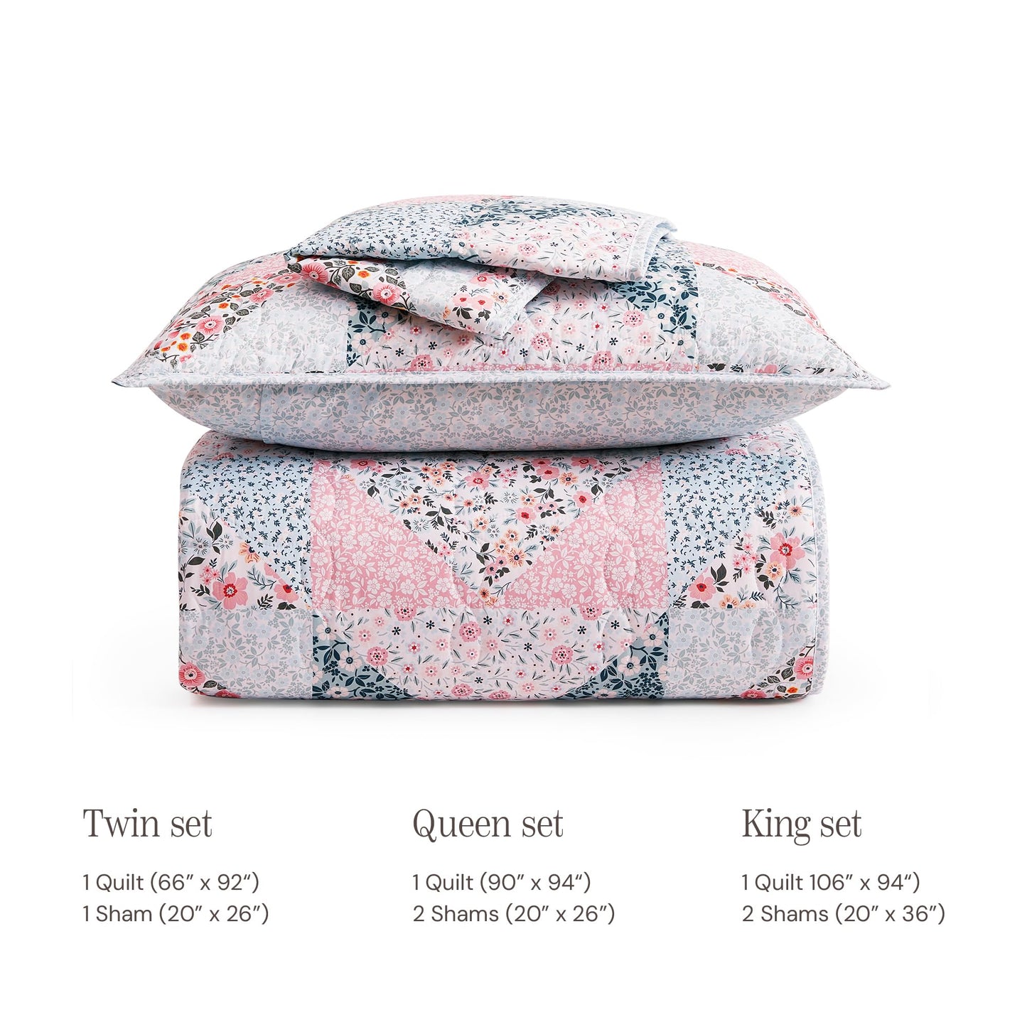 BLOOMHAVEN Quilt Set Queen Size, Patchwork Pink Floral Quilt Sets, Reversible Bedspread Lightweight and Breathable for All Seasons, Soft Quilted Bedspread with 2 Pillow Shams