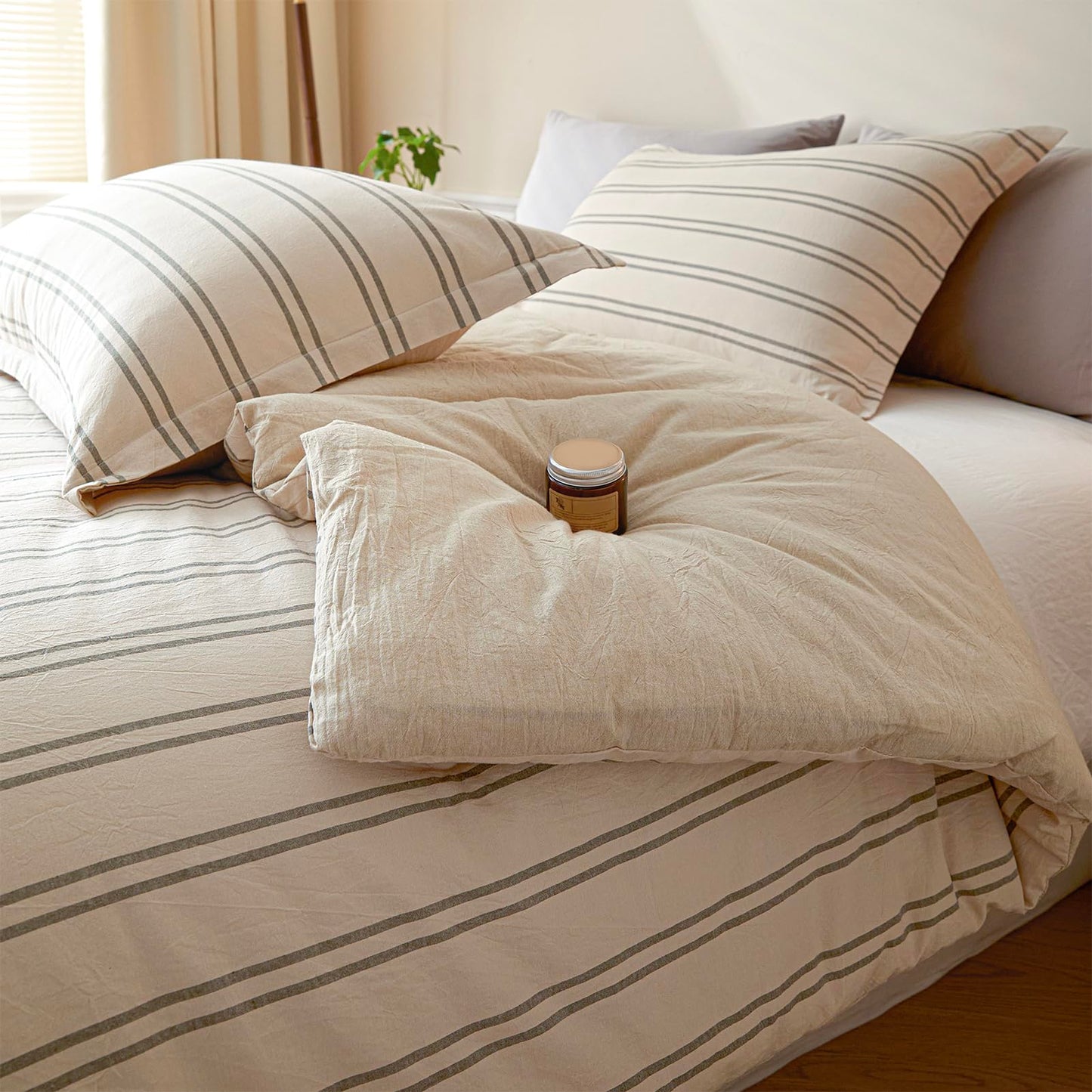 Cyusri Cotton Stripe King Comforter Set - Soft Lightweight Bedding 3 Pieces Dyed Bed Set with 2 Pillow Shams,Reversible All Season Farmhouse Down Alternative(King Size 104"x90" Beige)