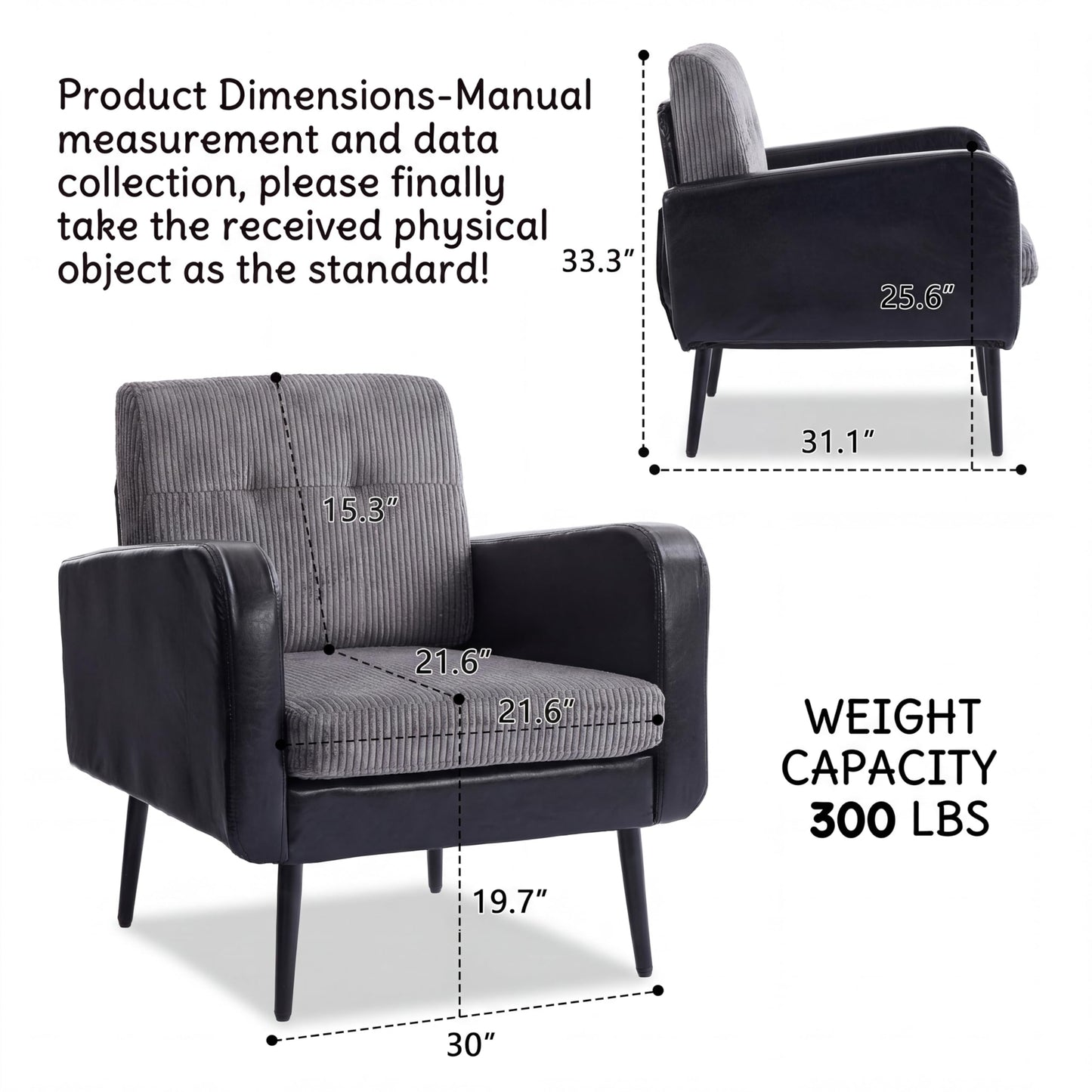 Accent Chair for Living Room armchair,Comfy Upholstered Modern armchair, Vintage Reading Chair, Versatile Sitting Chair with Metal Legs for Living Room Bedroom Office Waiting Room Study (Grey&Black)