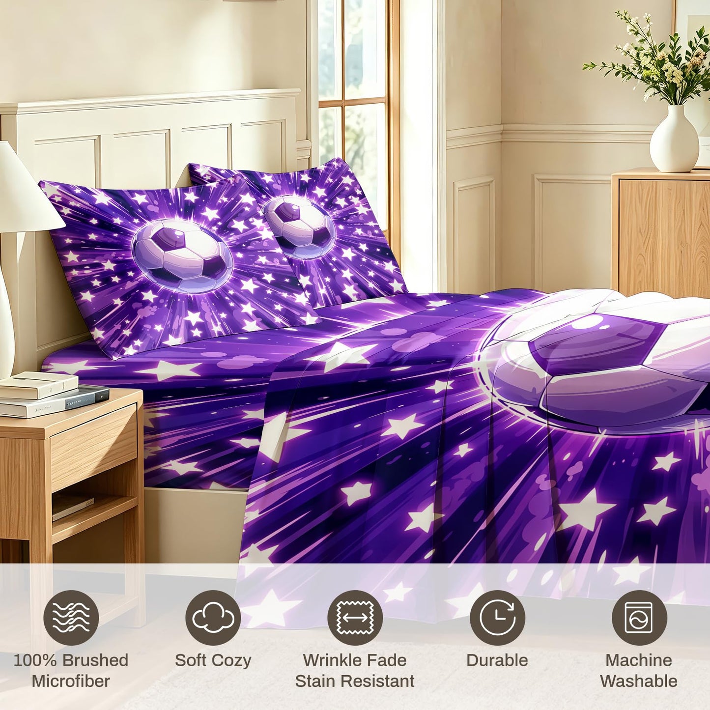 Soccer Ball Sheet Set, 4 Pcs Queen Size Boys Stars Bed Sheets, Purple