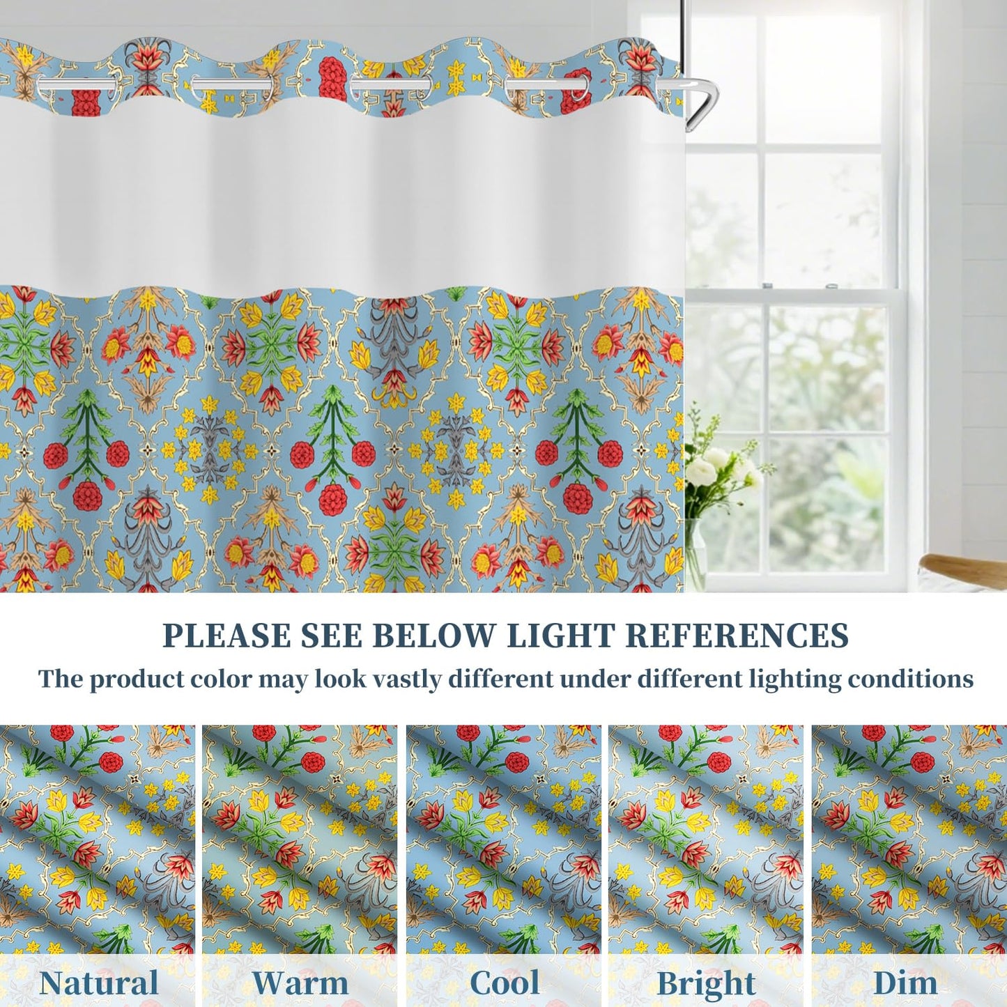 NAEMBCU Blue Floral No Hook Shower Curtain with Snap in Liner Set 71x74 in