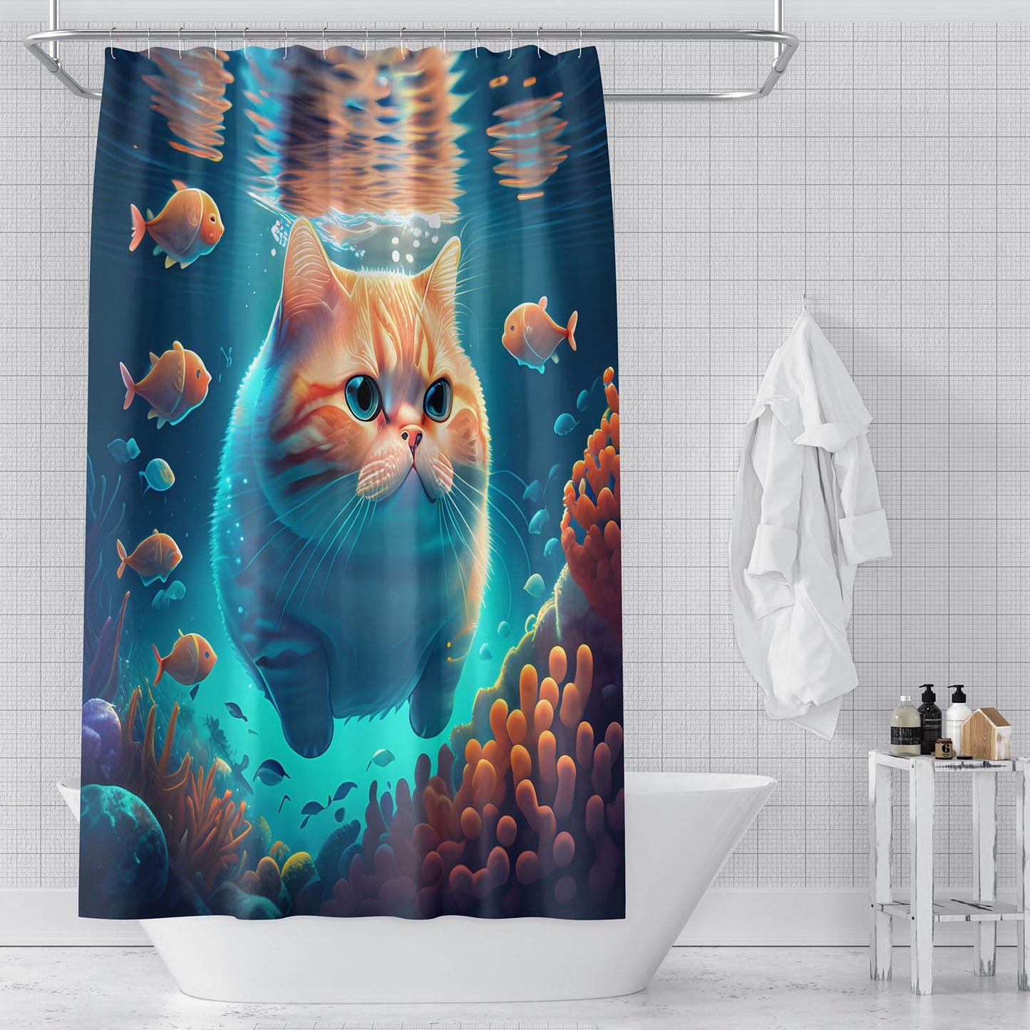 DDS-DUDES Cute Cat Shower Curtain Set for Kids Bathroom, Funny Orange Garfield Swimming and Fish in Sea Fabric Decor Waterproof Curtains with 12pcs Hooks 71 x 71 inch