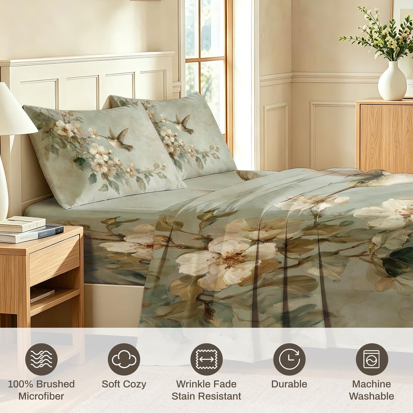 Bird and Flower Bedding Set 4 Pcs Hummingbird Full Sheets