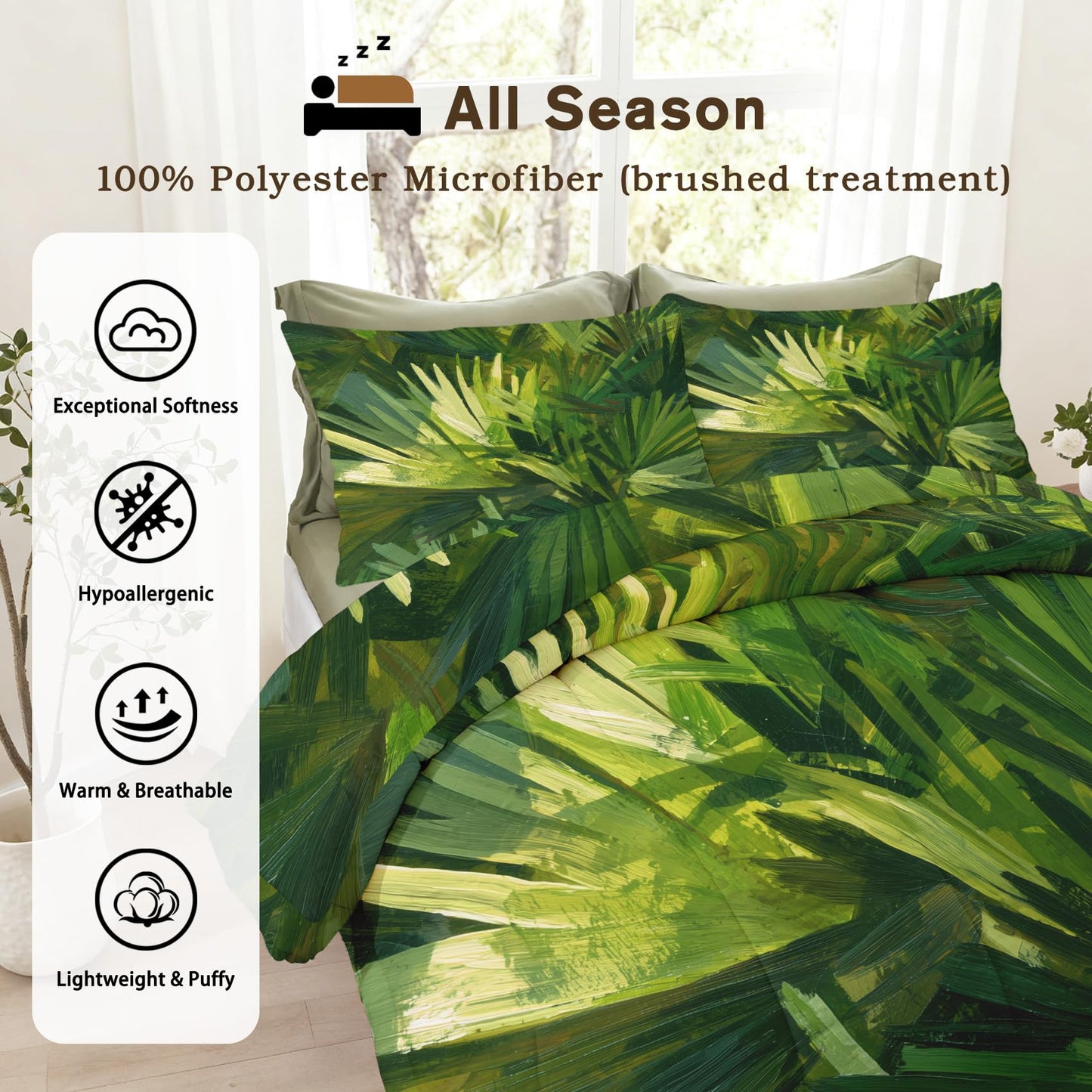Palm Leaf Comforter Set King Size 3Pc, Tropical Plant Pattern Down Alternative Bed Comforter, 2 Pillow Shams, Soft All Season Bedding, Palm Leaf Bedroom Decor