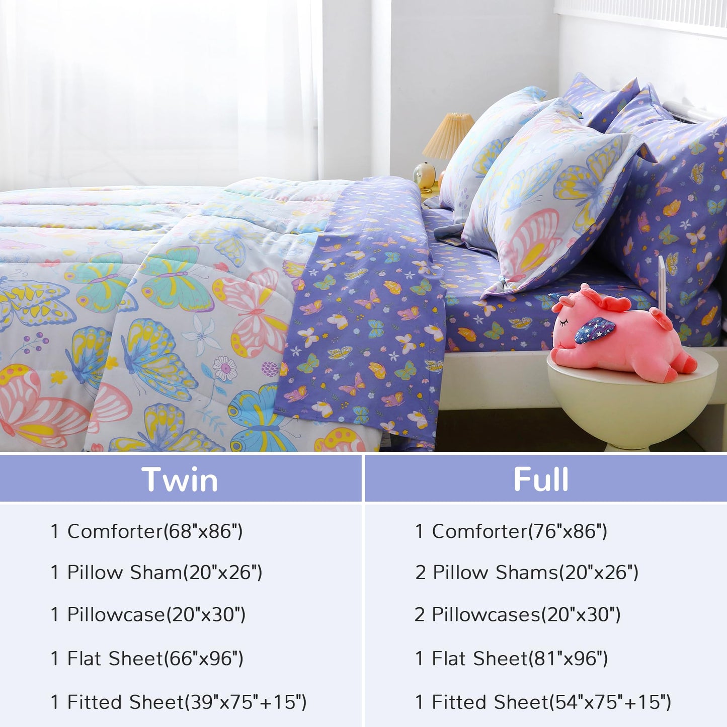 Viviland Kids Full Bedding Sets for Girls, Soft Full Comforter Set with Sheets, 7 Pieces Microfiber Bed in a Bag, Colorful Butterfly