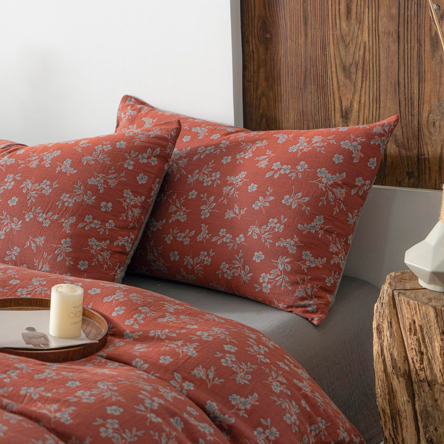 VM VOUGEMARKET Linen Cotton Duvet Cover Set Queen Size,Rust Red Floral Print, Double Layer Gauze, Soft Breathable Bedding Set with Zipper Closure, 3 Pieces (1 Duvet Cover + 2 Pillow Shams)