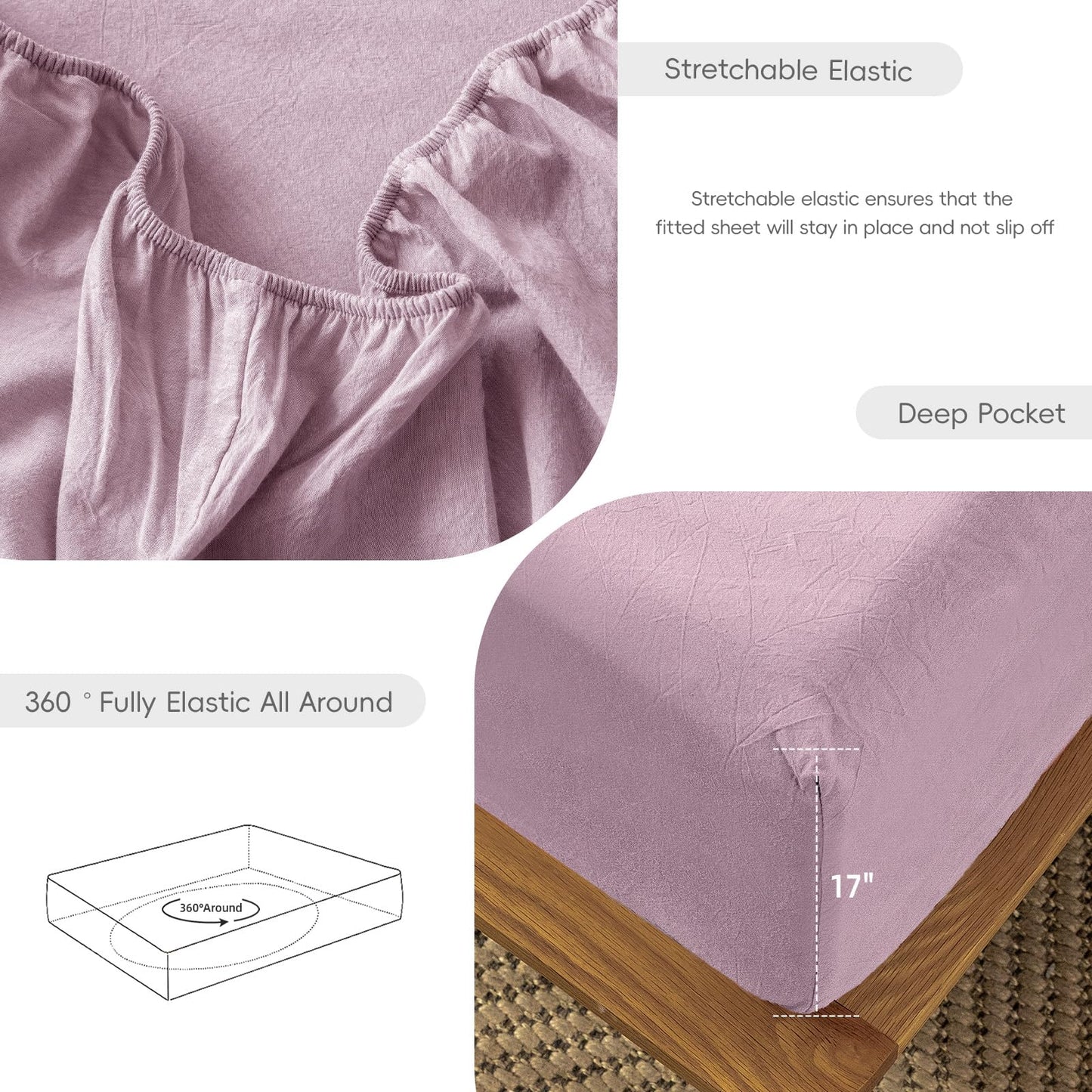 MooMee Fitted Bottom Sheet Only 100% Washed Cotton Linen Like Textured Breathable Durable Soft Comfy Deep Pocket Fits Mattress up to 17" (Light Purple, Queen)