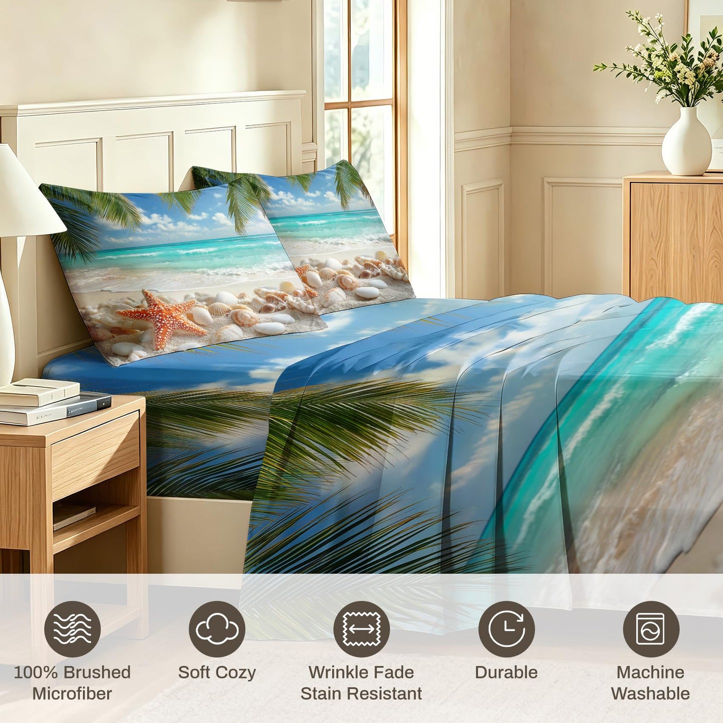 Tropical Beach Sheet Set, 4 Pcs Queen Size Starfish Seashells Bed Sheets