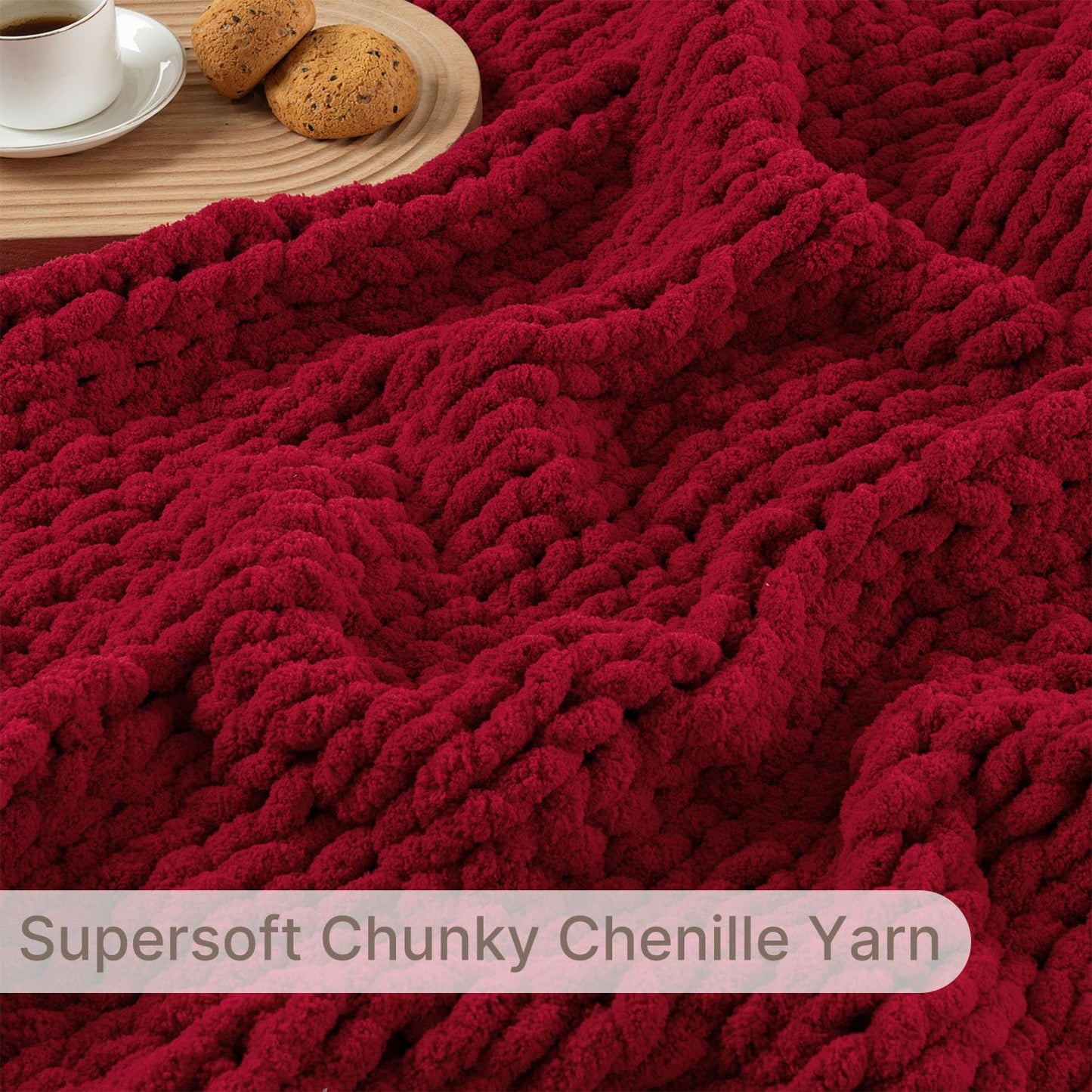 LAST MODA Chunky Knit Blanket Throw, 100% Hand Knit Throw Blanket Handmade Chenille Cable Knit Throw for Couch, Stylish Cozy Soft Rope Knot Crochet Blanket for Home Decor, Red, 50x60 Inches