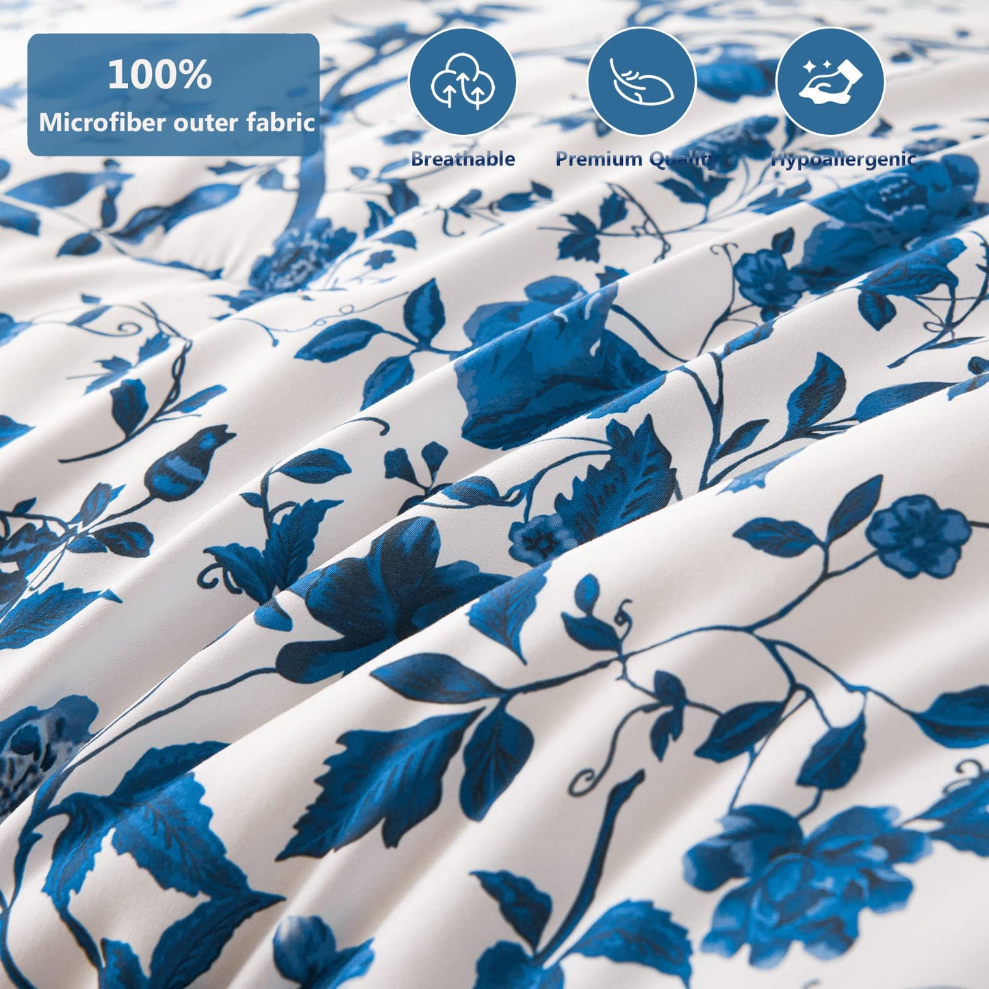 LLDSYW Comforter Set for Queen Bed -7 Pieces Bed in a Bag Soft Microfiber Bed Set Blue Leaves Floral Pattern on White Spring Queen Comforter Sets with Sheets for All Seasons (Queen, Blue)