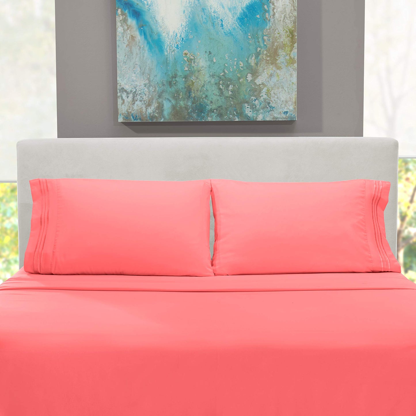 Hearth & Harbor Full Size Sheets - 4 Piece Bed Sheet Set, Hotel Luxury Double Brushed Bed Sheets - Extra Soft Bedding Sheets & Pillowcases, Full, Coral Pink