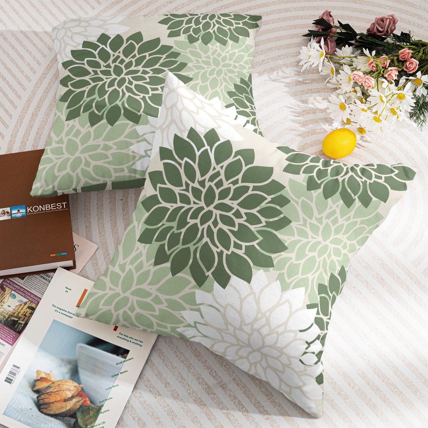 aportt Sage Green White Floral Pillow Covers 18X18 Inch Set of 2 Geometric Dahlia Flower Decorative Pillow Cases Modern Cotton Linen Cushion Case Farmhouse Home Decor for Sofa Couch Bedroom