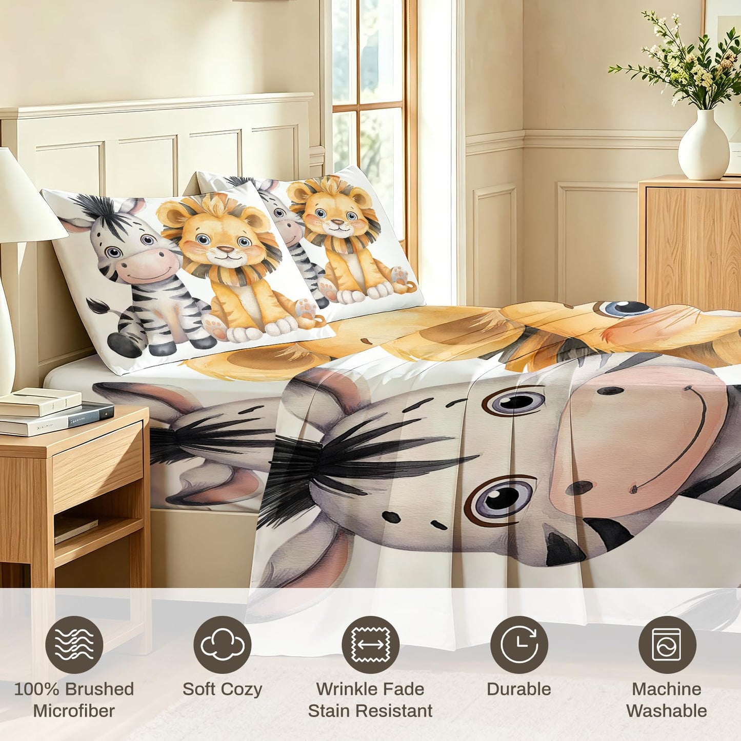 Lion Zebra Bedding Set 3 Pcs Jungle Animal Twin Sheets