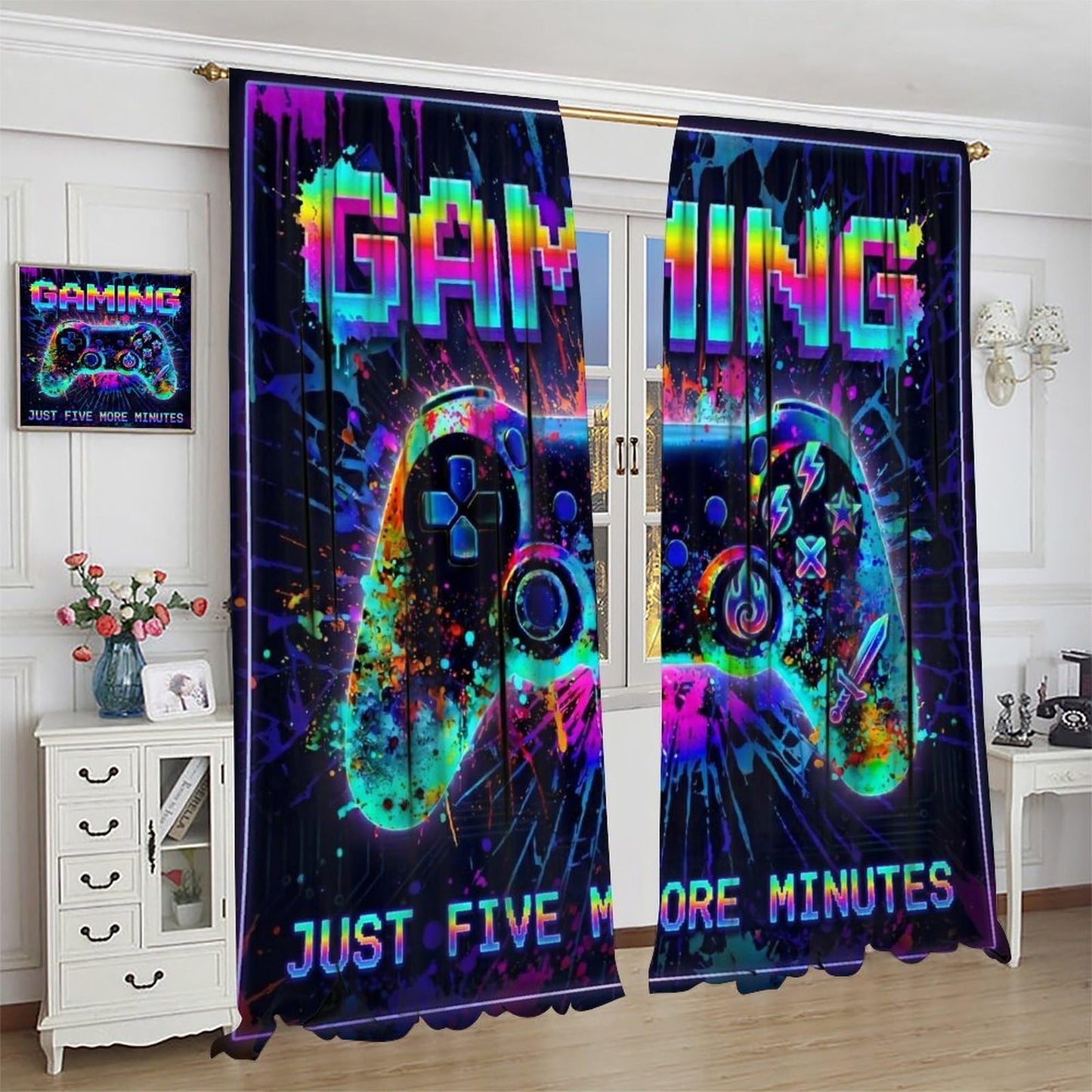 VUMIVI Gaming Curtains Cool Rainbow Neon Splatter Game Controller Just Five More Minutes Quote Rod Pocket Window Treatments for Boys Bedroom Gamer Room Apartment Dorms Cafe 42" W X 44.5" L