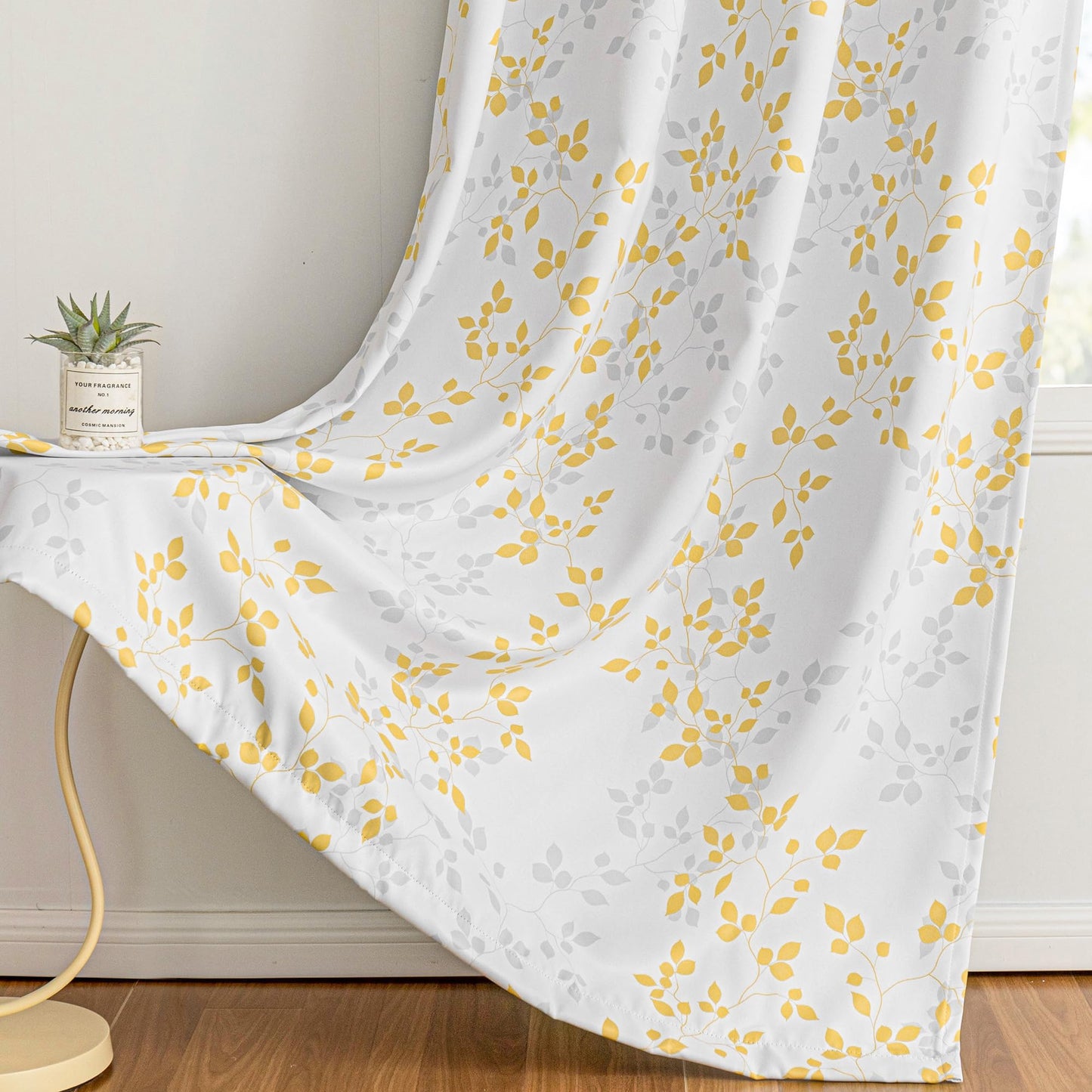 MEETSKY 95% Blackout Yellow Curtains 84 Inches Long 2 Panels Set - Leaves Printed Curtains for Living Room, Grommet Thermal Insulated Drapes, Light Blocking Window Curtain for Bedroom (52''W x 84" L)