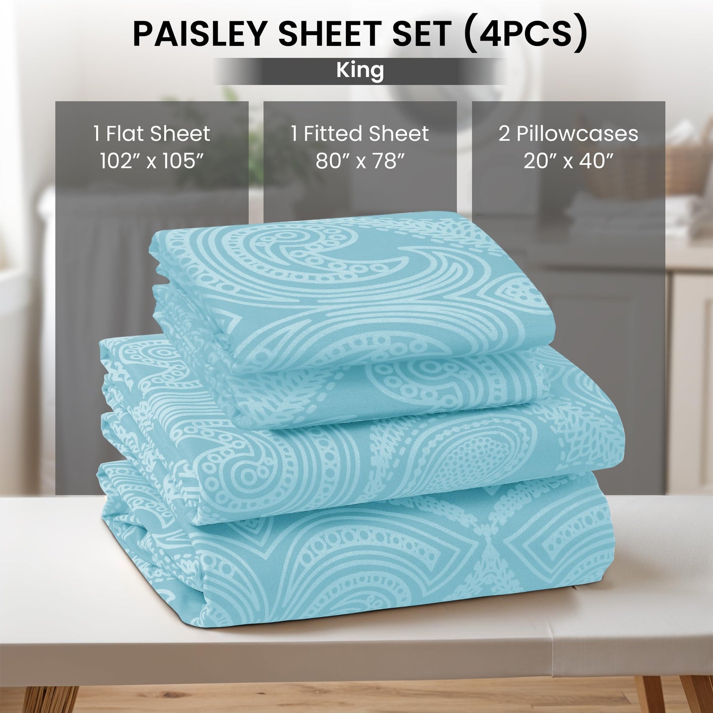 Hannah Linen Paisley King Sheet Set, 4 PC Soft Microfiber Wrinkle Free Sheets - Luxurious Printed Bed Sheets Includes Flat Sheet, Fitted Sheet with Deep Pockets, & 2 Pillowcases - Blue