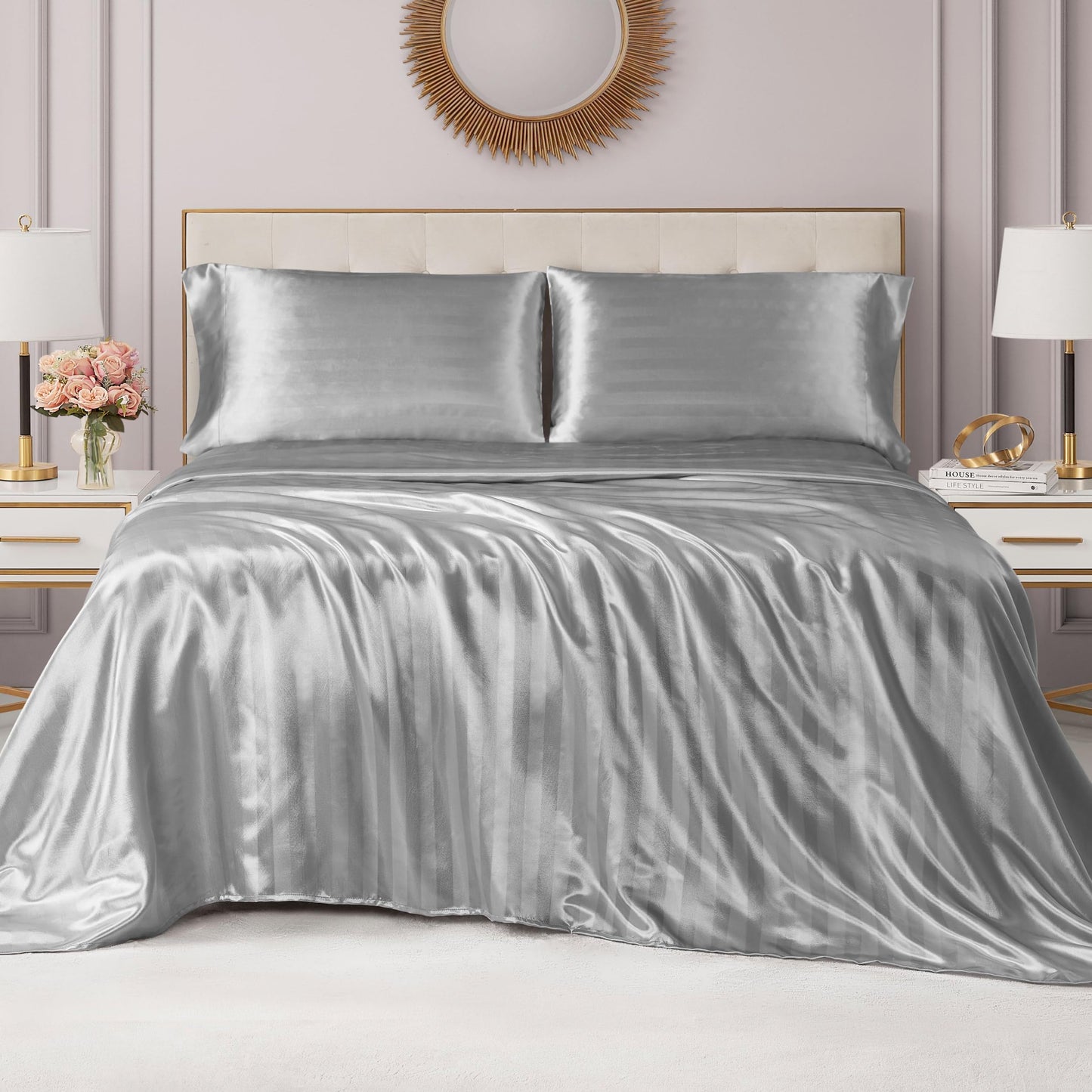 Juicy Couture Silky Satin Damask Sheet Set - Luxury Grey Bedding - Smooth Striped Sheets - Full Size