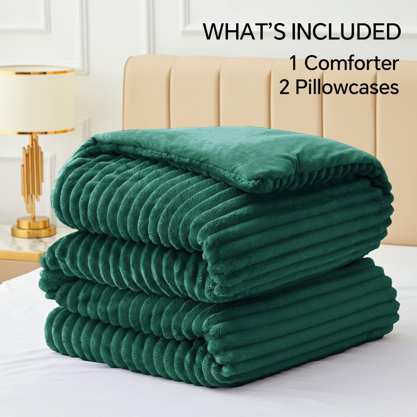 BEDELITE Fleece Queen Comforter Set -Super Soft & Warm Fluffy Dark Green Bedding, Luxury Fuzzy Heavy Bed Set for All Season with 2 Pillow Cases