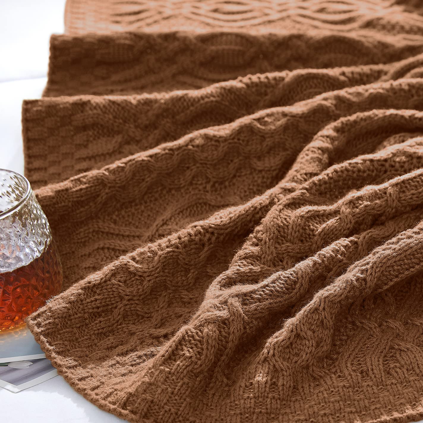 Aormenzy Brown Cable Knit Throw Blanket, Soft & Warm Knitted Blanket Throw for Couch Bed Sofa Living Room, 50 x 60 inch