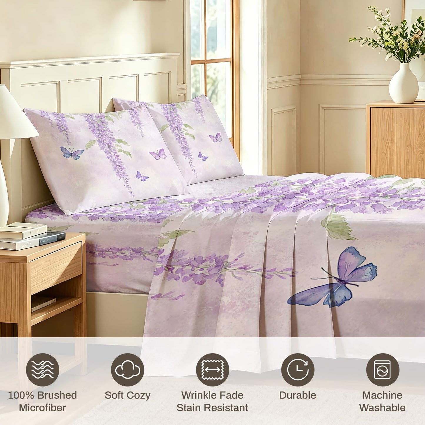 Butterfly Queen Sheet Set Wisteria Flat Fitted Sheet Sets