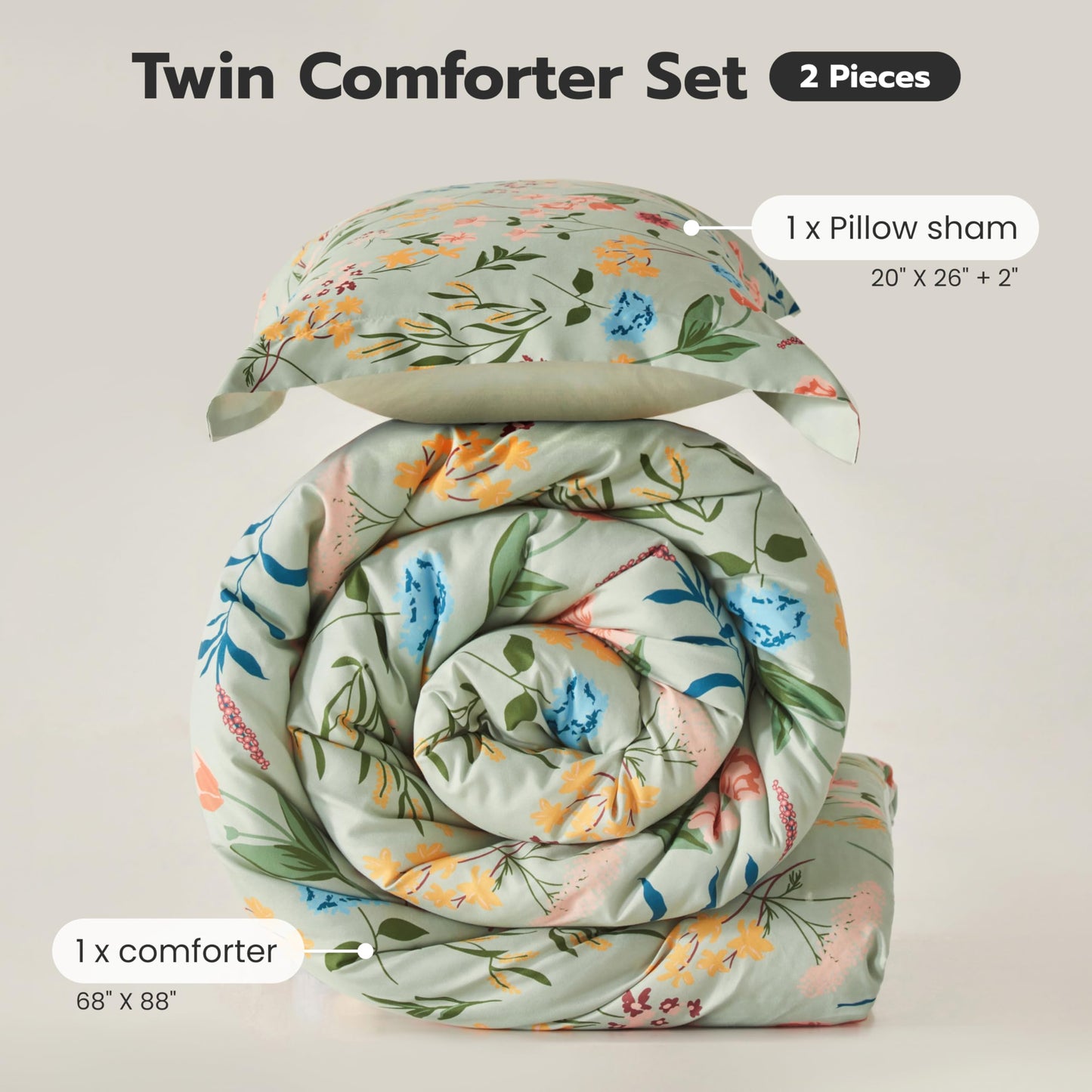 Joiedomi Floral Twin Comforter Set Light Green Bedding Set - 2 Pieces Twin Bed in a Bag with 1 Soft Reversible Botanical Flowers Leaves Comforter and 1 Pillow Sham