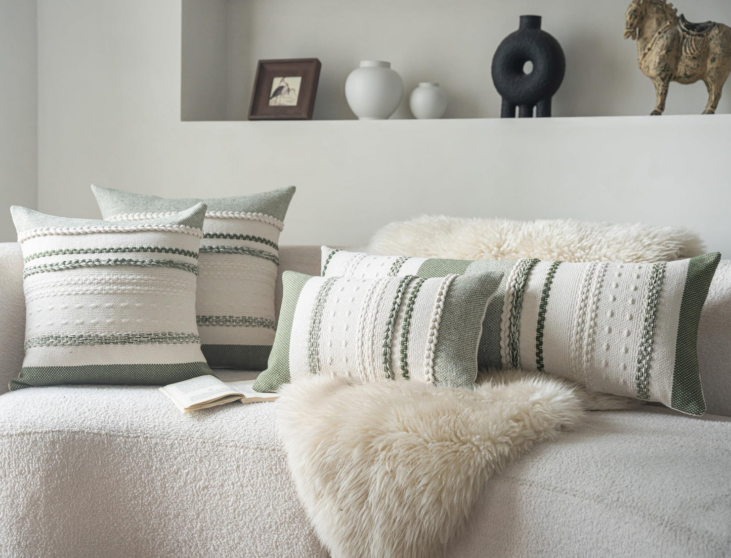 Cethom Boho Lumbar Pillow Covers 14x36 Inch Long, Green Textured Decorative Couch Pillow Cases for Farmhouse Home Decor, Accent Cushion Cover for Sofa, Bed, Living Room, Bedroom, Pack of 1