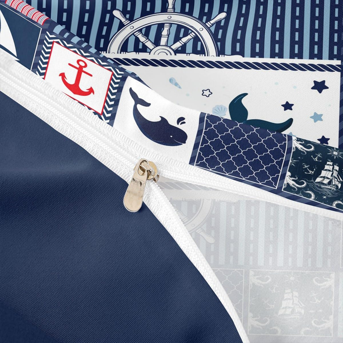 Homewish Sea Whale Duvet Cover Set Full Size,Nautical Anchor Ship Rudder Plaid Comforter Cover with 2 Pillowcases,Navy Blue Ocean Geometric Breathable Bedspread for Boys Teens,Pillow Sham