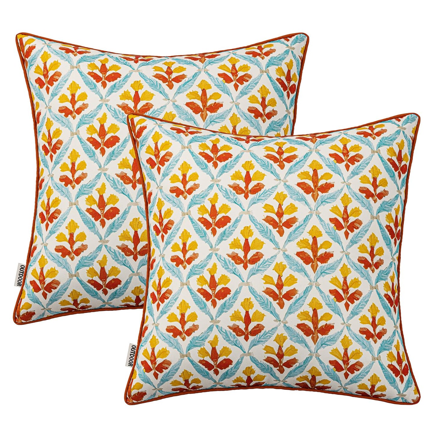 MIULEE Pack of 2 Decorative Outdoor Waterproof Throw Pillow Covers Flower Print Chic Boho Accent Pillow Covers for Square Garden Patio Cushion 18x18 Inch, Orange Teal Red