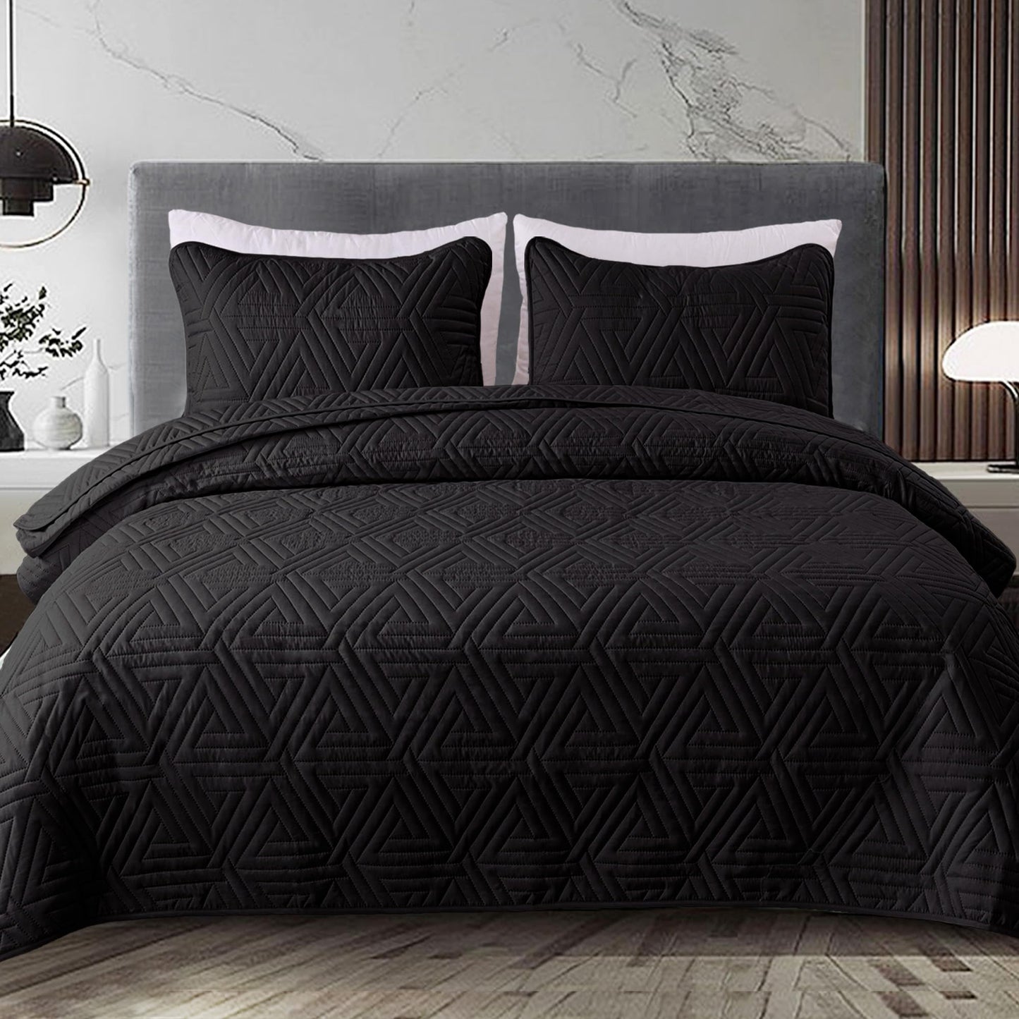 Whale Flotilla Soft Queen Size Quilt Set for All Seasons, 3-Piece Ultrasonic Geometric Quilts Bedding Set, Lightweight Reversible Bedspread, Coverlet, Bed Cover with 2 Pillow Shams, Black